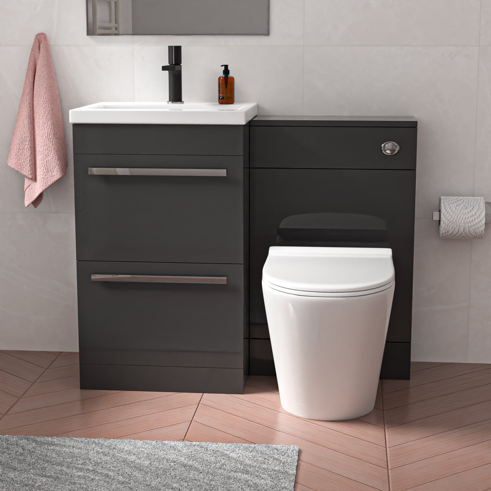 Nanuya 2 Drawers Dark Grey Basin Vanity, WC Unit & Rimless Toilet