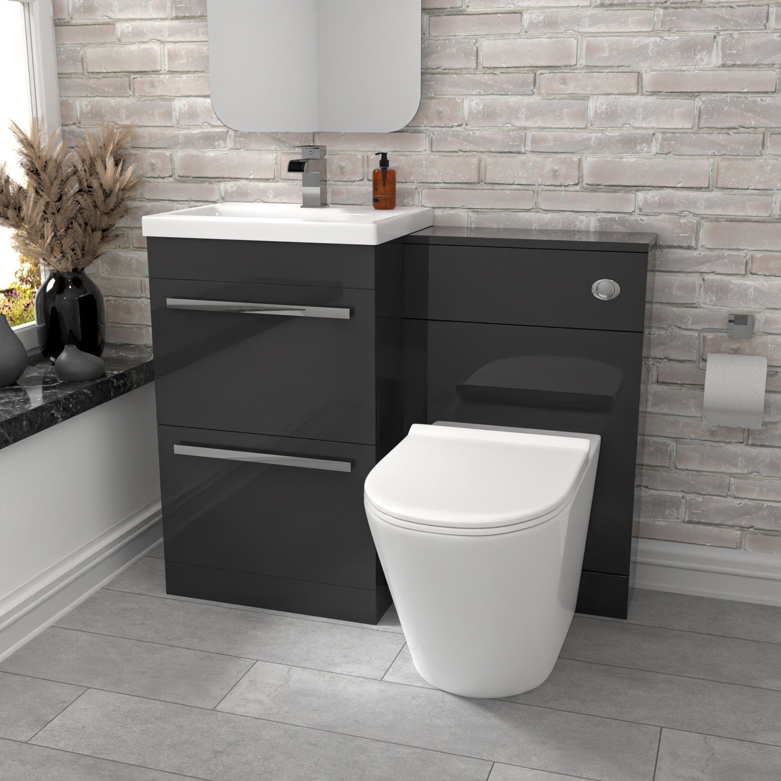 Nanuya 2 Drawers Anthracite Basin Vanity, WC Unit & Rimless Toilet