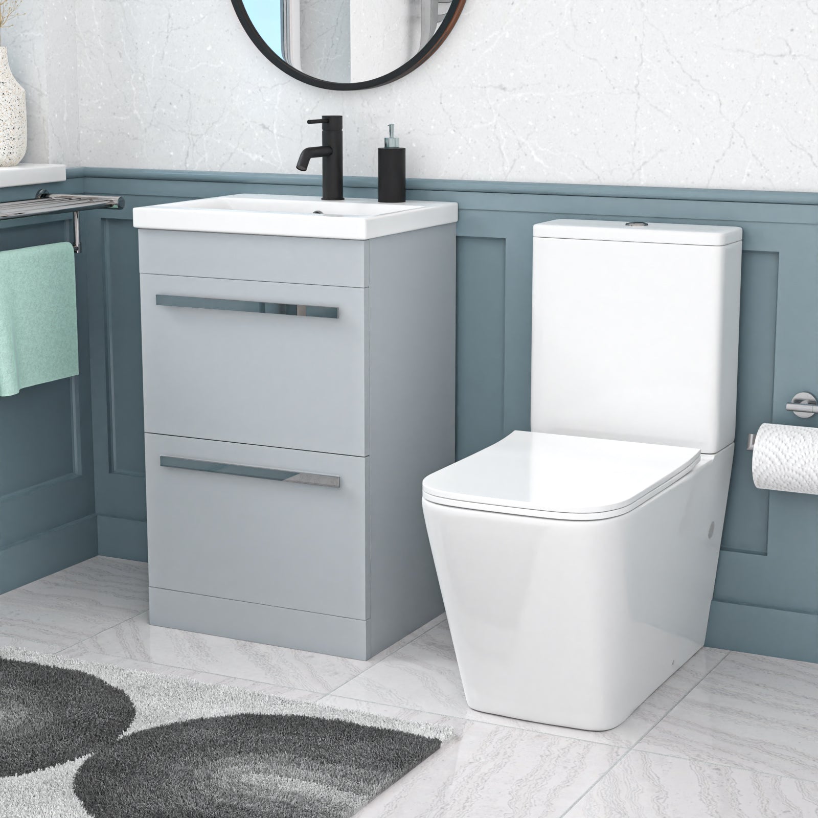 Nanuya 500mm Matte Grey 2 Drawers Vanity Rimless Square Close Coupled Toilet