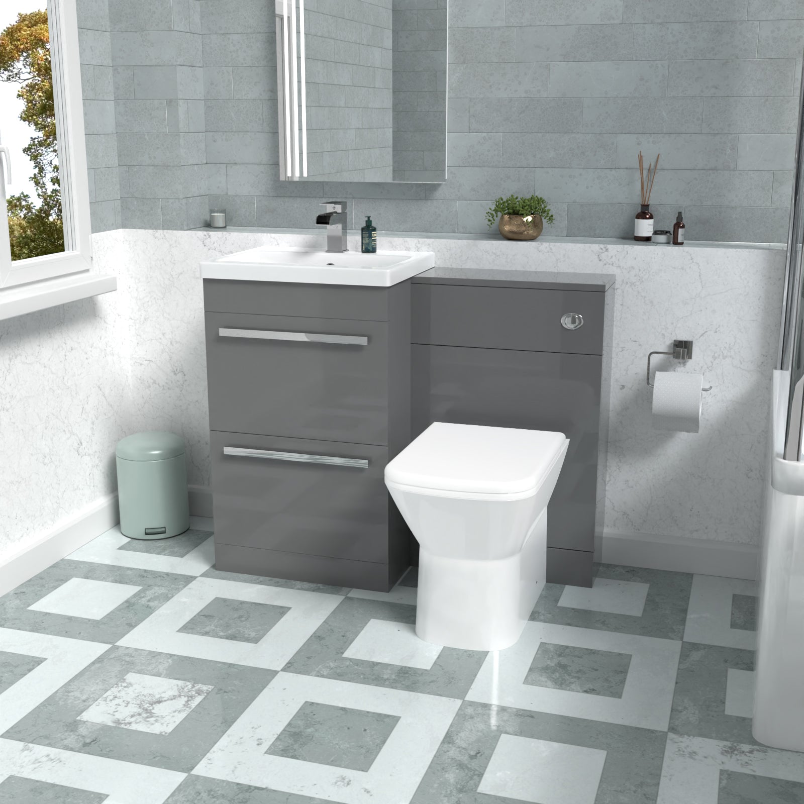 Nanuya Steel Grey Basin Vanity Cabinet, WC Unit & Rimless Back To Wall Toilet