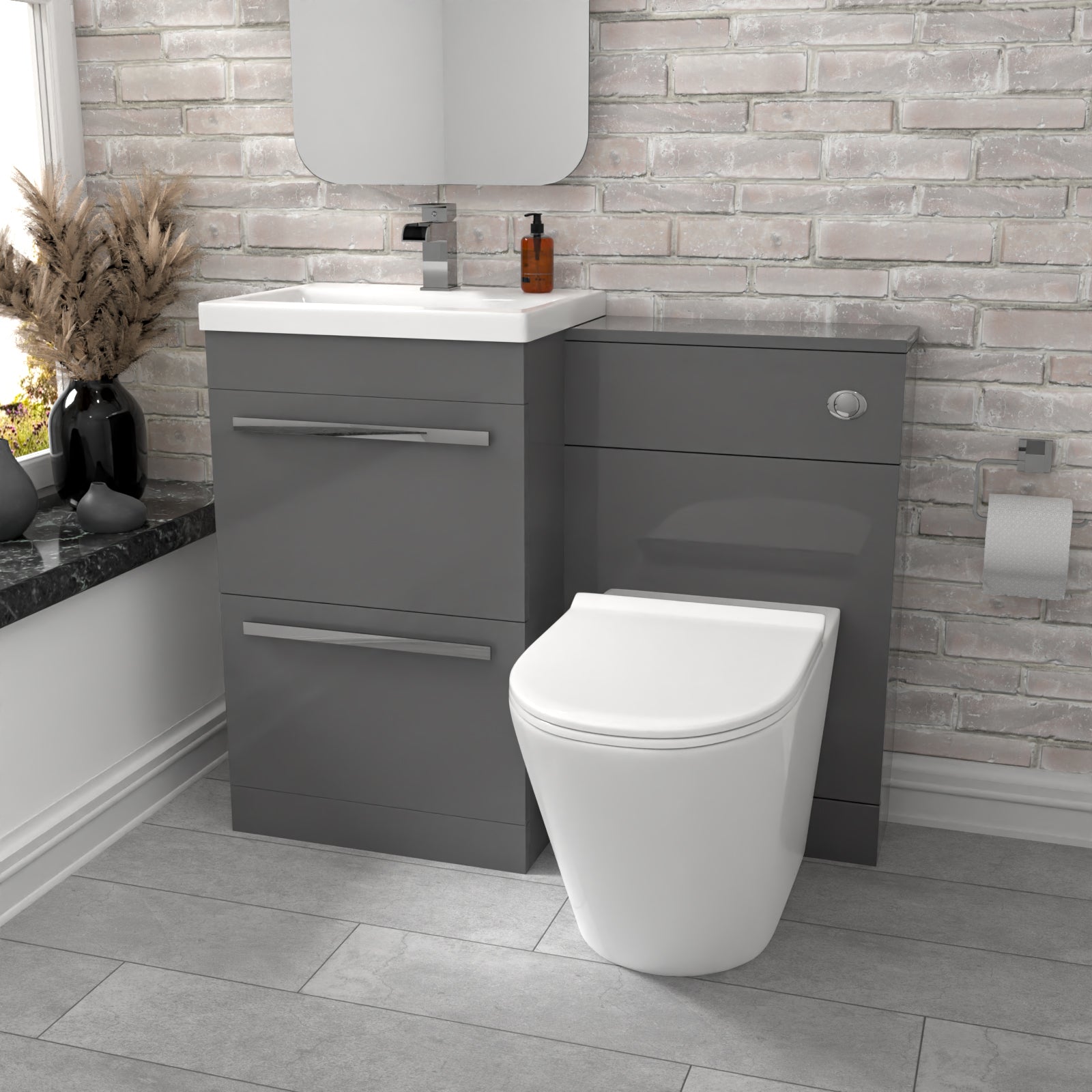 Nanuya 2 Drawers Grey Basin Vanity, WC Unit & Rimless Toilet