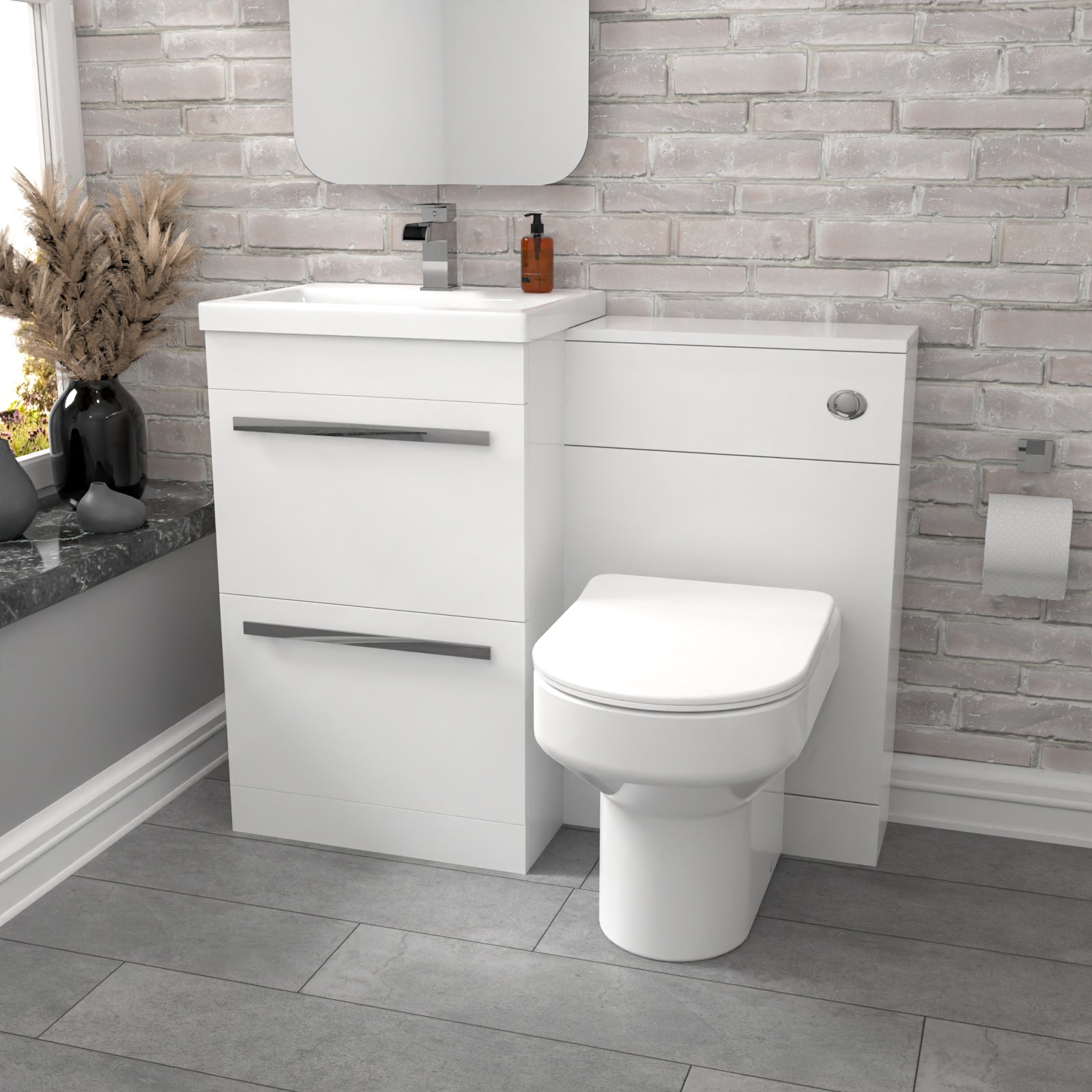 Nanuya White 1000mm 2 Drawers Basin Vanity WC Unit & Back To Wall Toilet