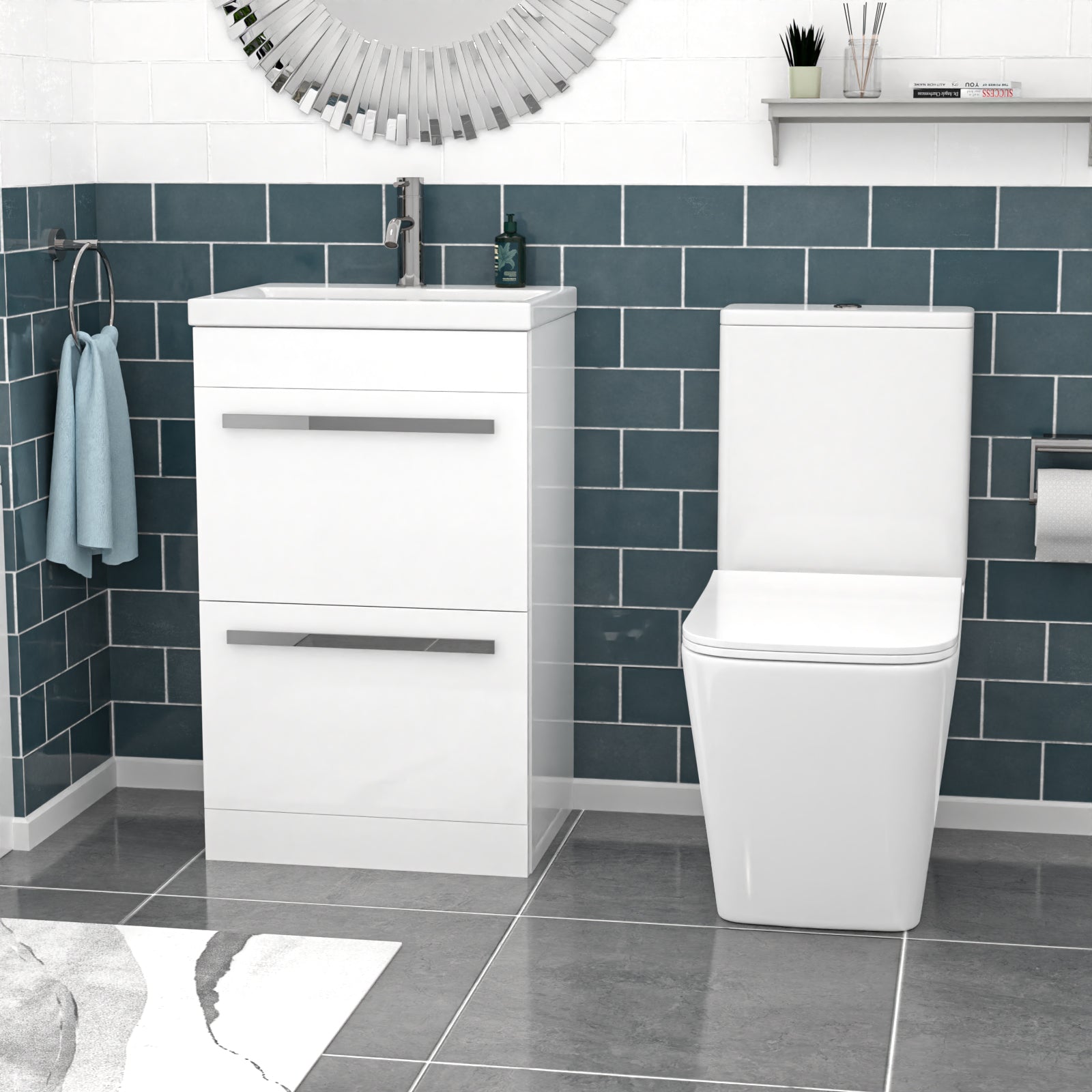 Nanuya 500mm White 2 Drawers Vanity With Rimless Square Close Coupled Toilet