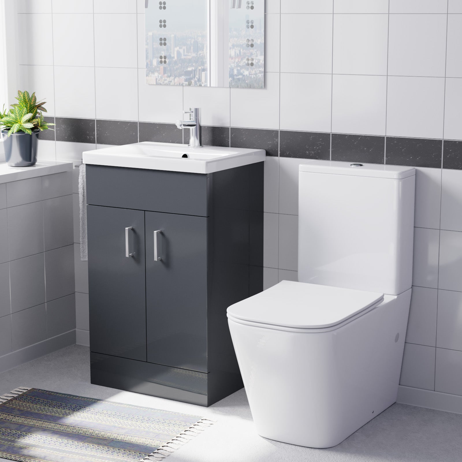 Nanuya 500mm Dark Grey Basin Vanity & Rimless White Close Coupled Toilet