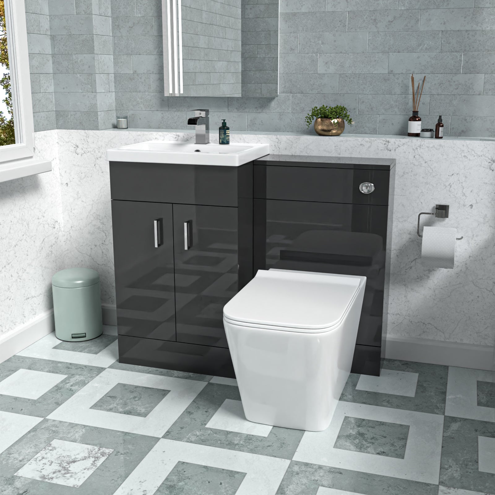 Nanuya Dark Grey 1000mm Freestanding Vanity WC Unit & Rimless BTW Toilet Flat Pack