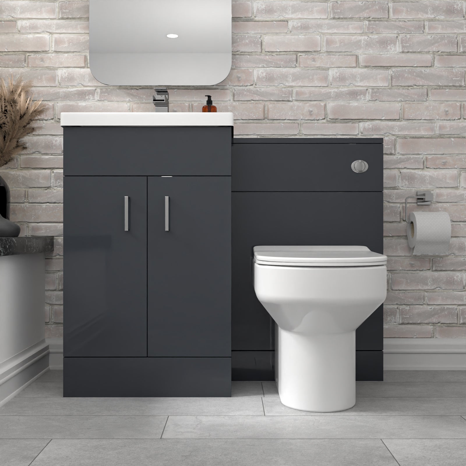 Nanuya Dark Grey Vanity Basin Cabinet, WC Unit & Comfort Back To Wall Toilet
