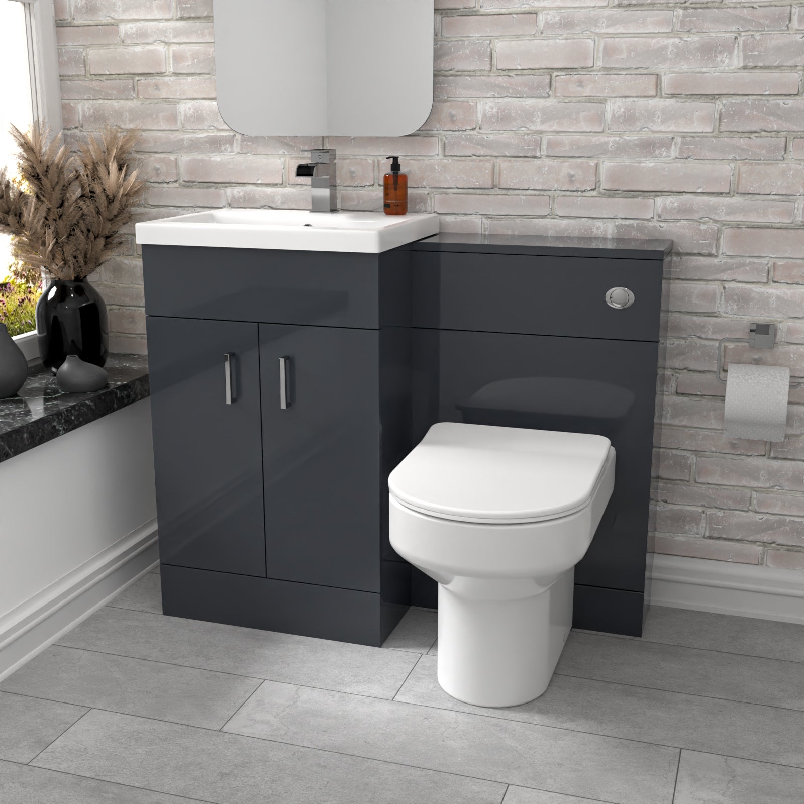 Nanuya Dark Grey Vanity Basin Cabinet, WC Unit & Comfort Back To Wall Toilet
