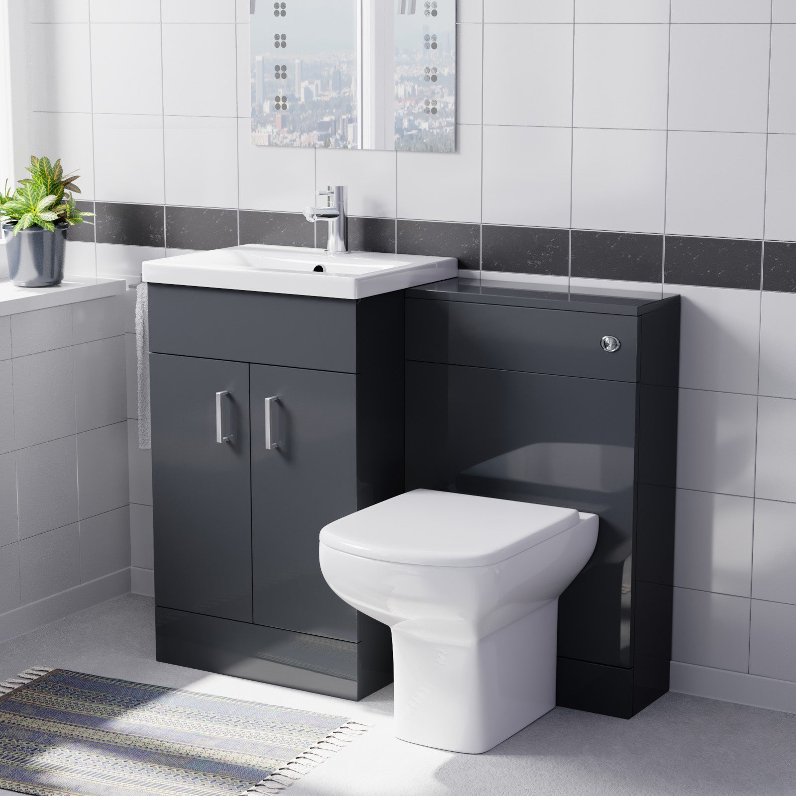Nanuya 1000mm Dark Grey Freestanding Vanity, WC Unit & Rimless BTW Toilet