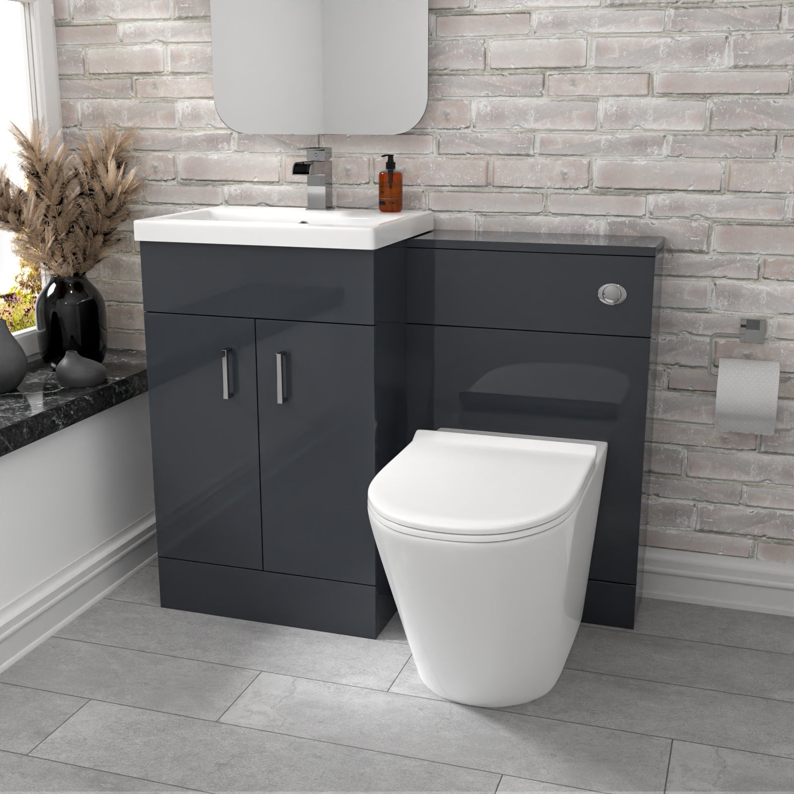 Nanuya Dark Grey Vanity Basin Cabinet, WC Unit & Rimless Toilet