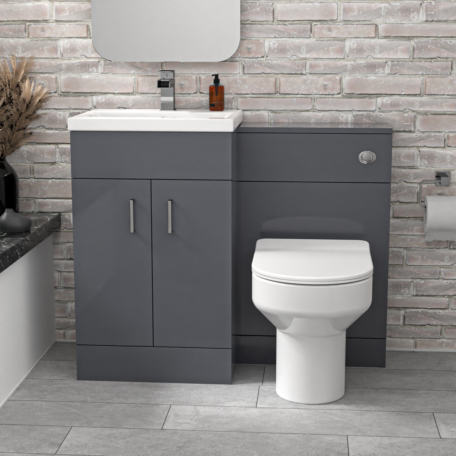 Nanuya Grey Vanity Basin Cabinet, WC Unit & Comfort Back To Wall Toilet
