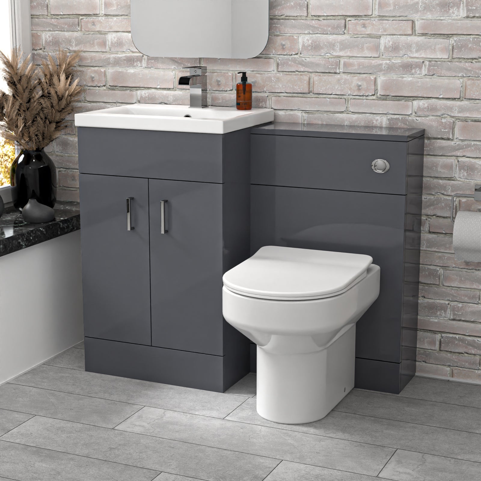 Nanuya Grey Vanity Basin Cabinet, WC Unit & Comfort Back To Wall Toilet