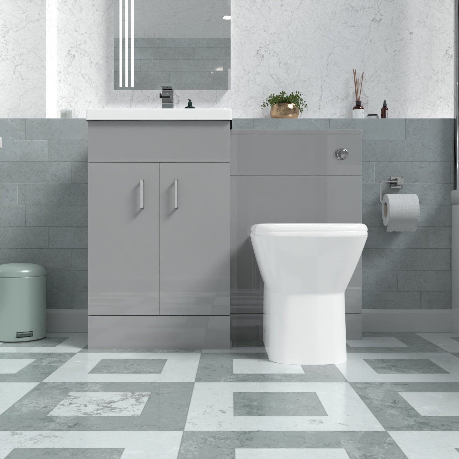 Nanuya Grey Vanity Basin Cabinet, WC Unit & Rimless Back To Wall Toilet