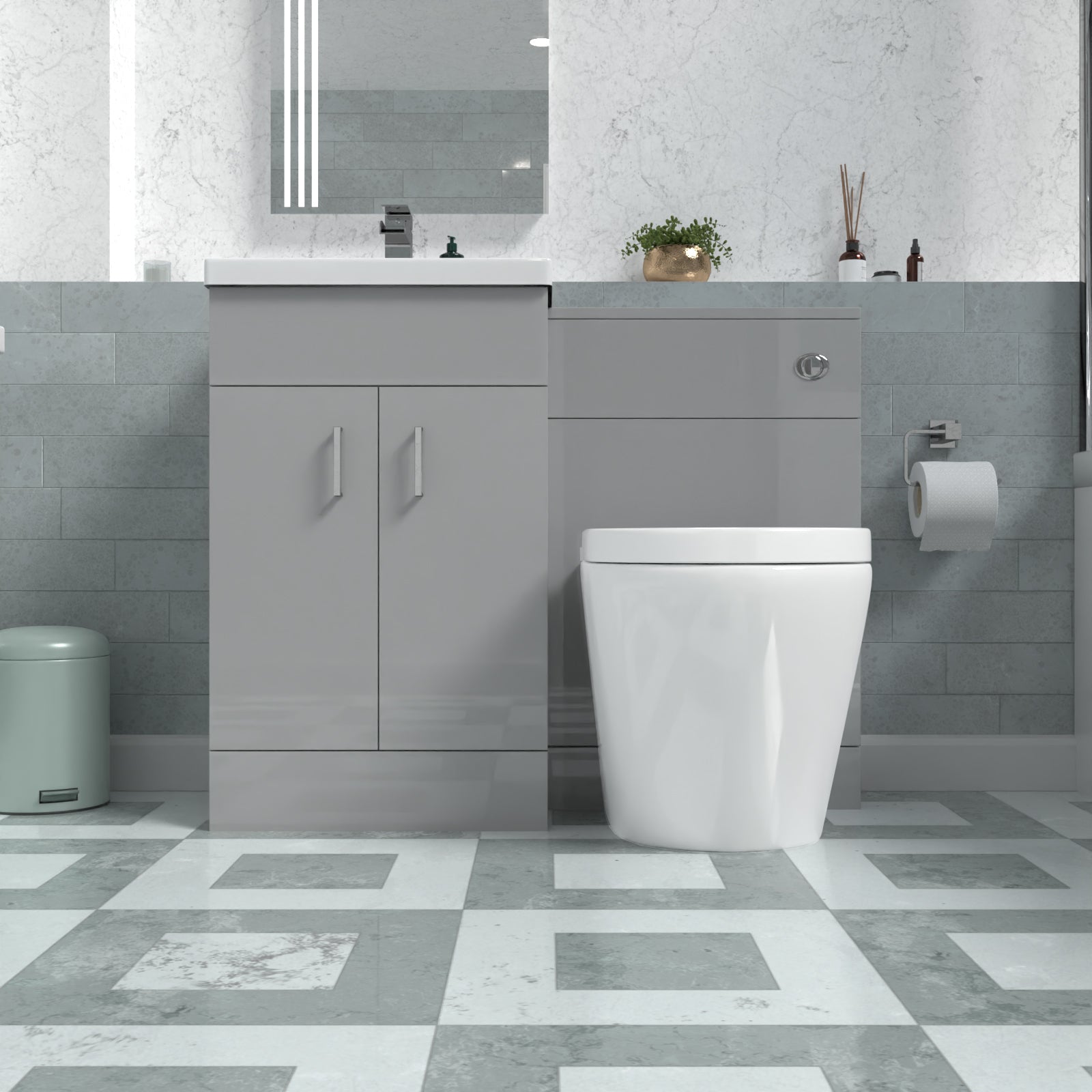 Nanuya Basin Vanity Cabinet, WC Unit Grey & Rimless Back To Wall Toilet