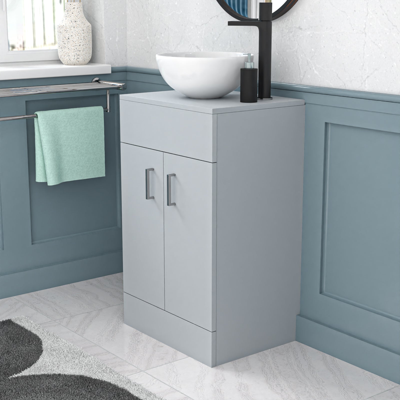 Nanuya Matte Grey 500mm Bathroom Doors Vanity Unit Round Ceramic Basin
