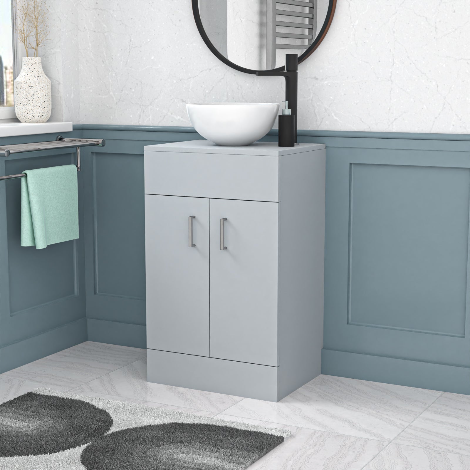 Nanuya Matte Grey 500mm Bathroom Doors Vanity Unit Round Ceramic Basin
