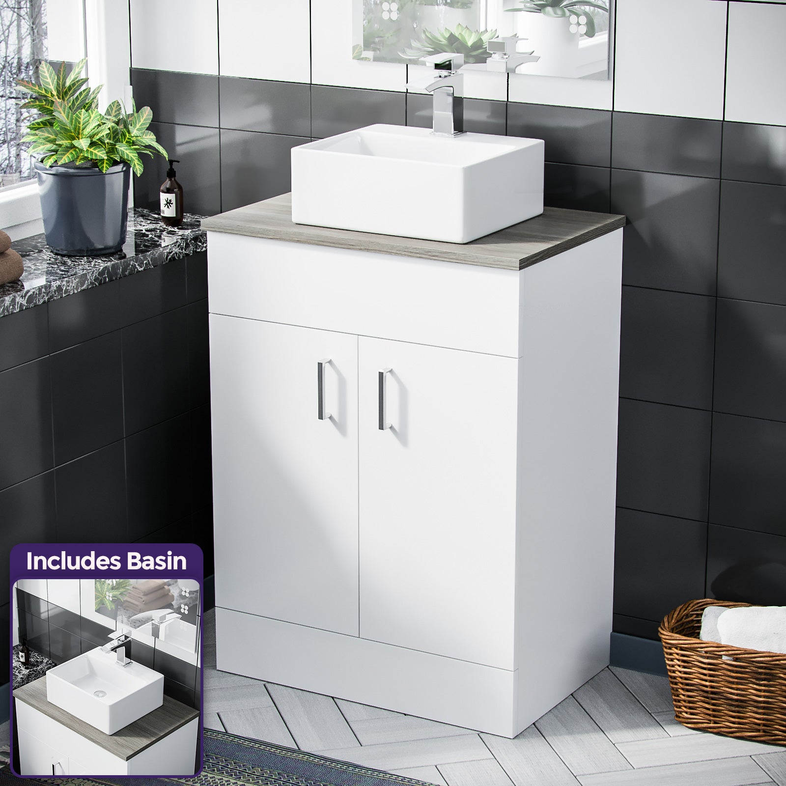 Nanuya 600mm White Vanity Cabinet and Small 420mm Counter Top Basin Sink