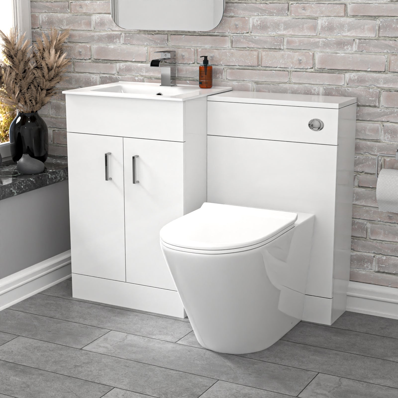 Nanuya 1000mm Gloss White Vanity Slim Basin Cabinet, WC Unit & Rimless Toilet