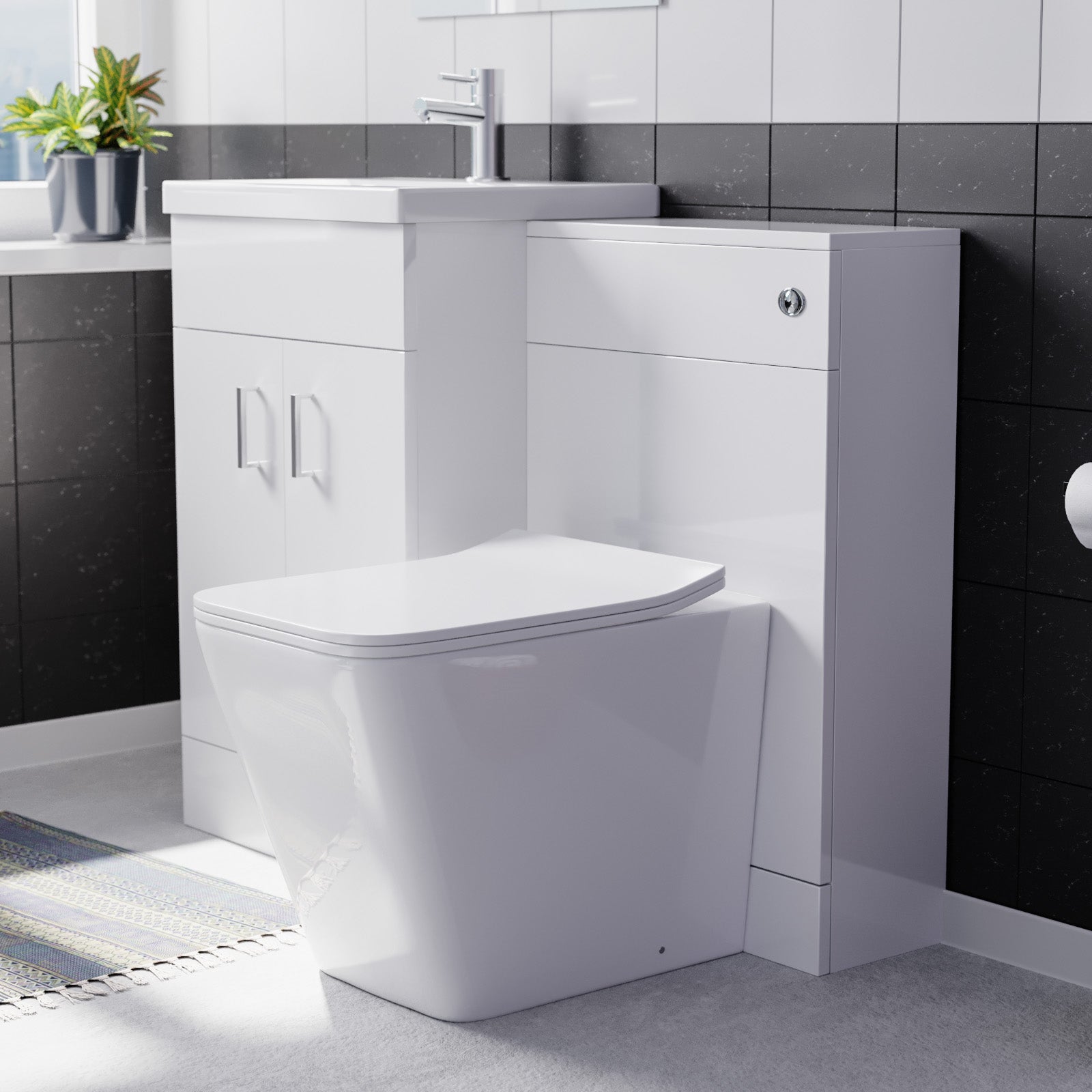 Nanuya White 1000mm Vanity Basin Cabinet WC Unit & Square BTW Toilet
