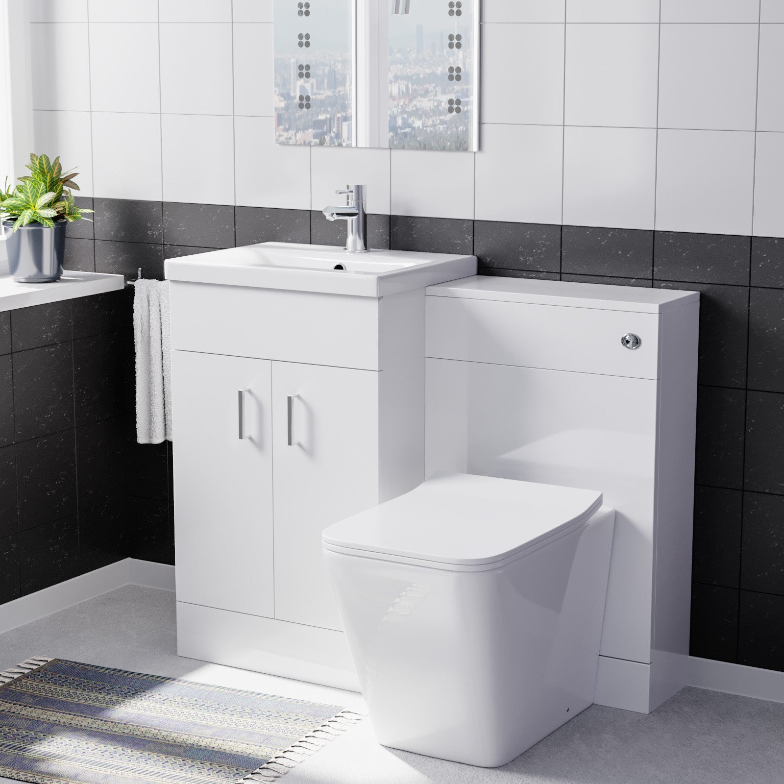 Nanuya White 1000mm Vanity Basin Cabinet WC Unit & Square BTW Toilet