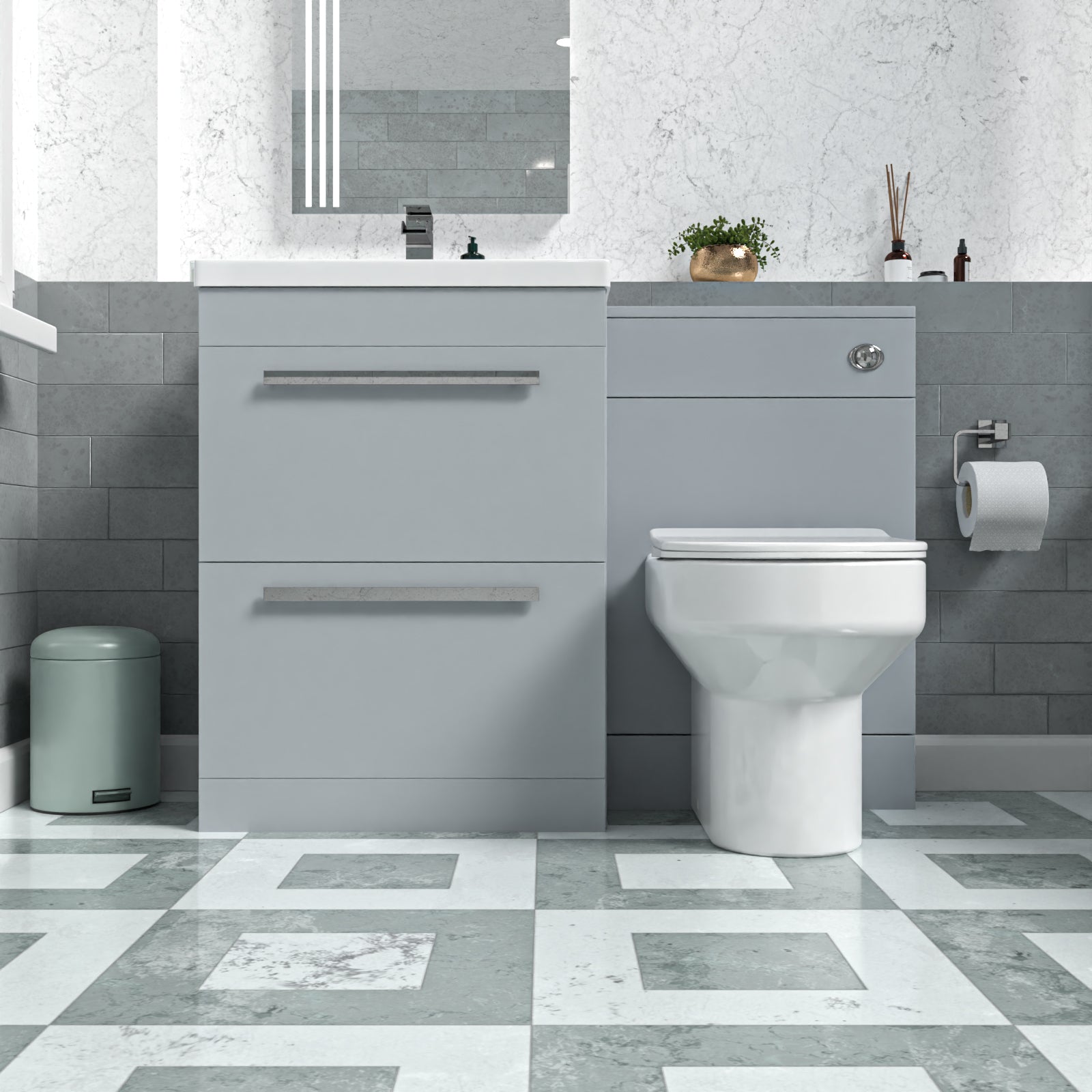 Nanuya 1100mm Matte Grey Drawers Basin Vanity, WC Unit, Back To Wall Toilet
