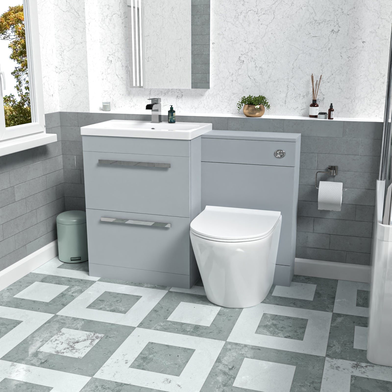 Nanuya 1100mm Matte Grey Basin Vanity Cabinet, WC Unit & Back To Wall Toilet
