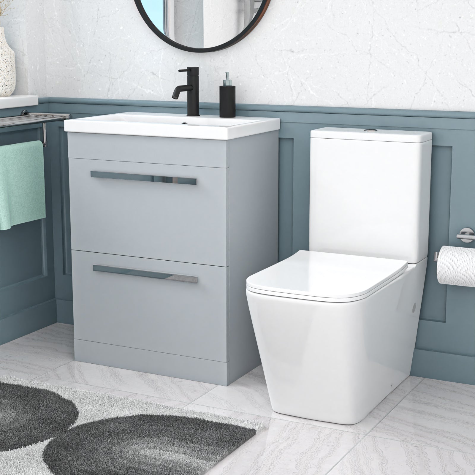 Nanuya 600mm Matte Grey 2 Drawers Basin Vanity Rimless Square Toilet