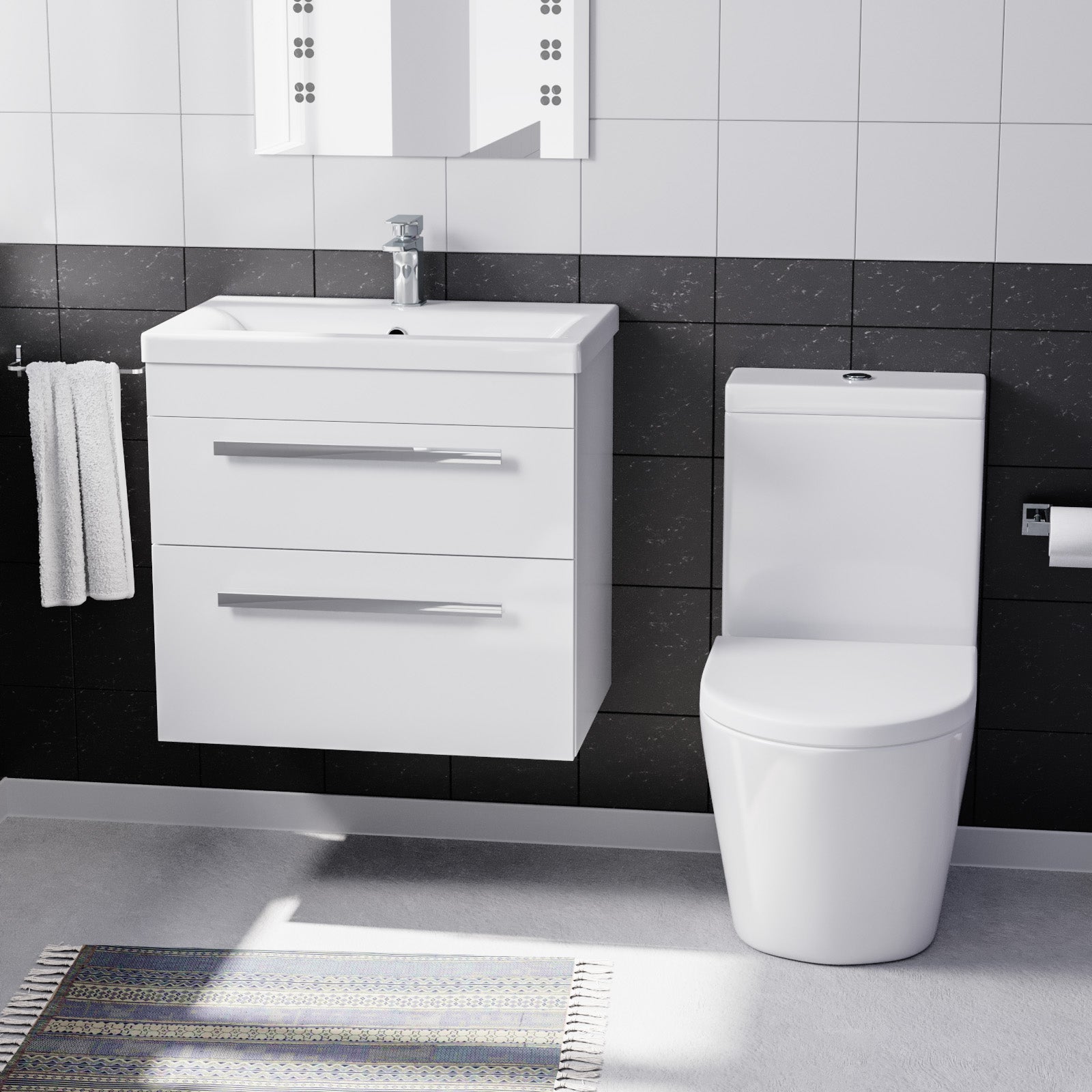 Nanuya White 600mm Wall Hung 2 Drawer Vanity Cabinet Unit & Close Coupled Toilet