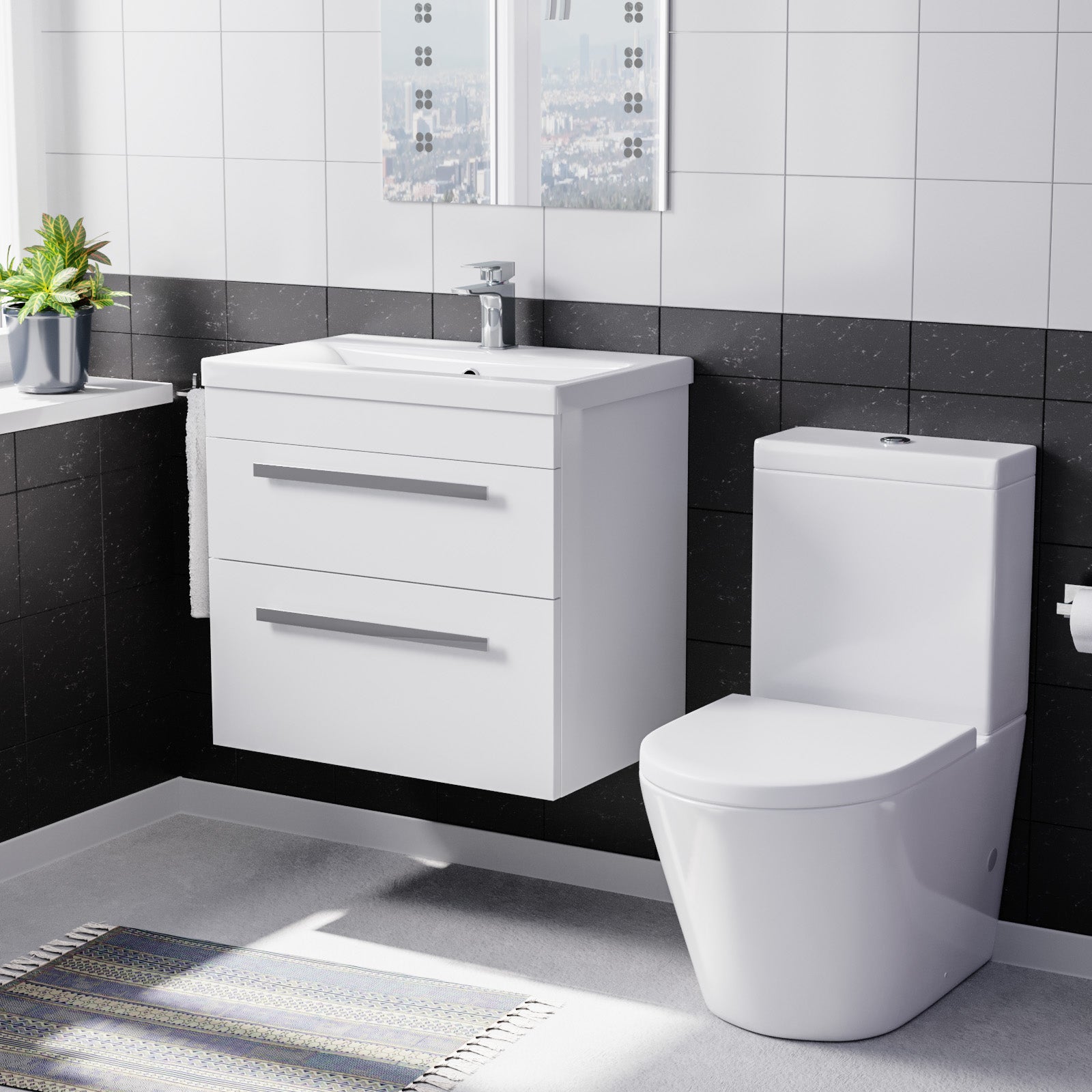 Nanuya White 600mm Wall Hung 2 Drawer Vanity Cabinet Unit & Close Coupled Toilet