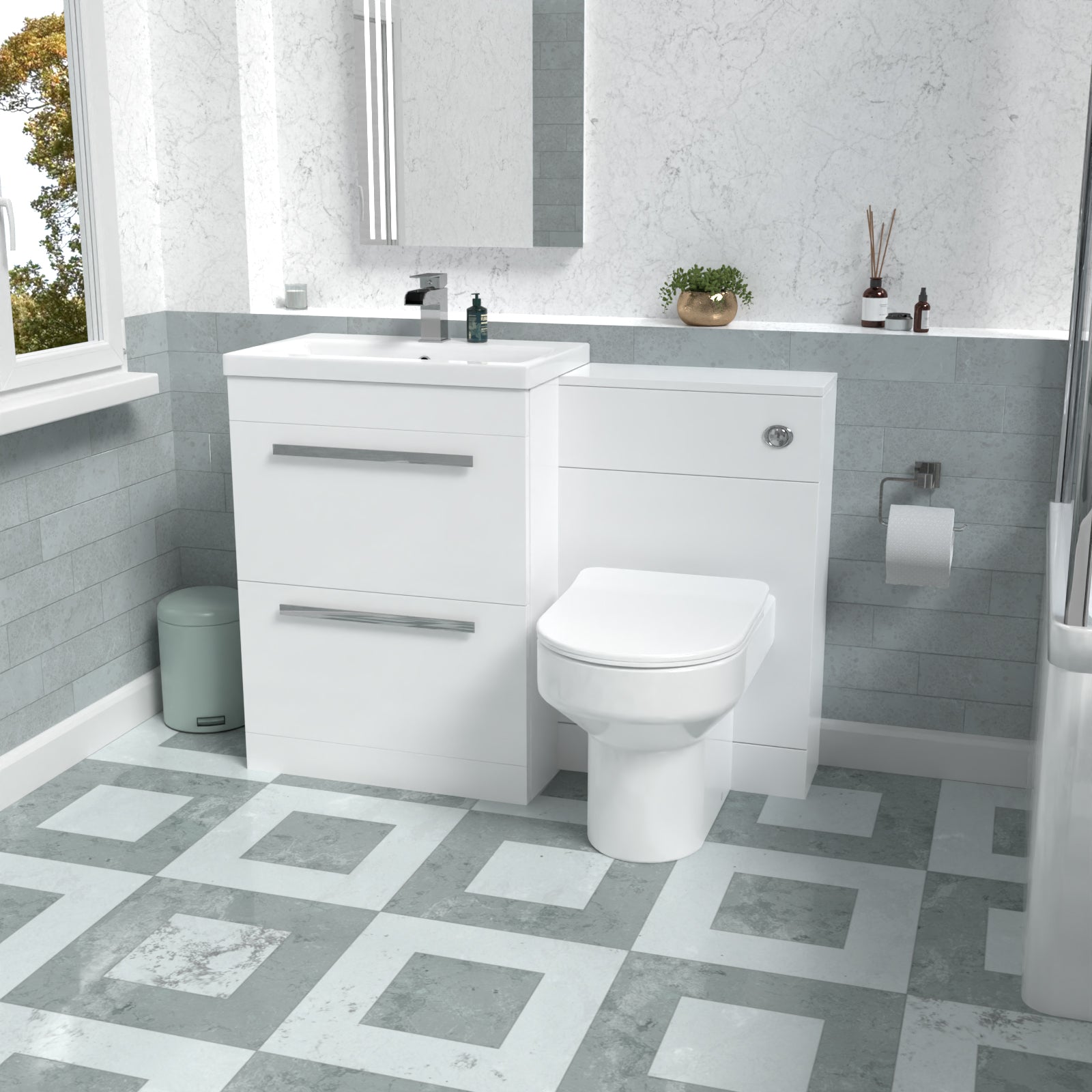 Nanuya 1100mm White Drawers Basin Vanity, WC Unit, Back To Wall Comfort Toilet