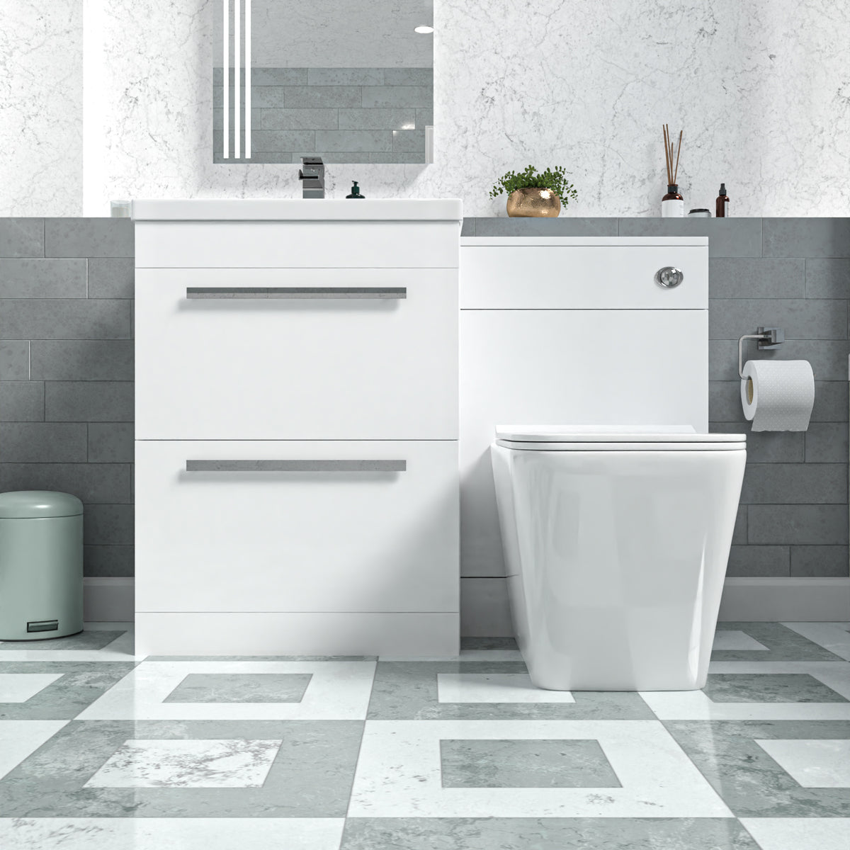 Nanuya 1100mm White 2 Drawers Basin Vanity, WC Unit & Back To Wall Toilet