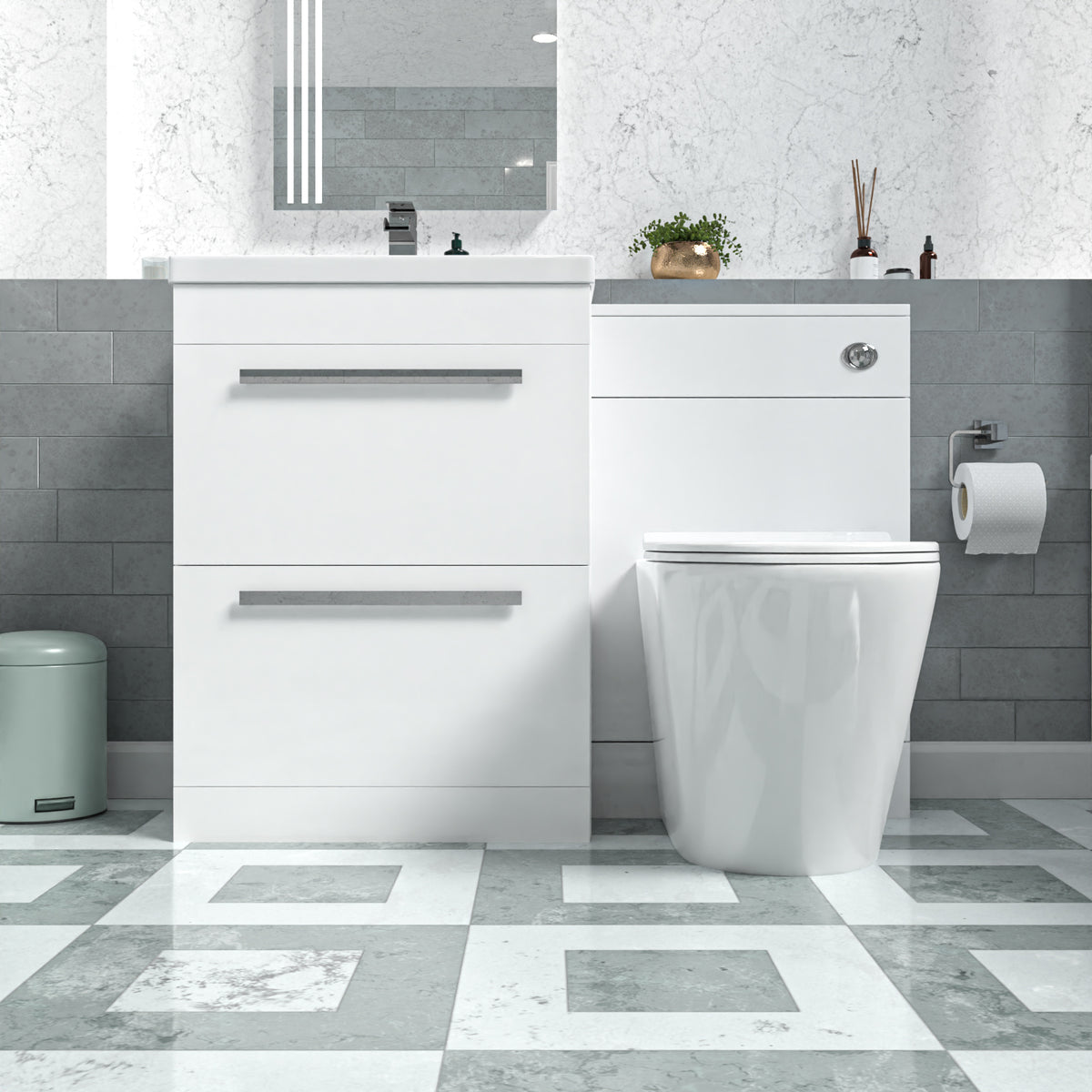 Nanuya Gloss White Vanity Unit with 2 Drawers and Back To Wall Toilet