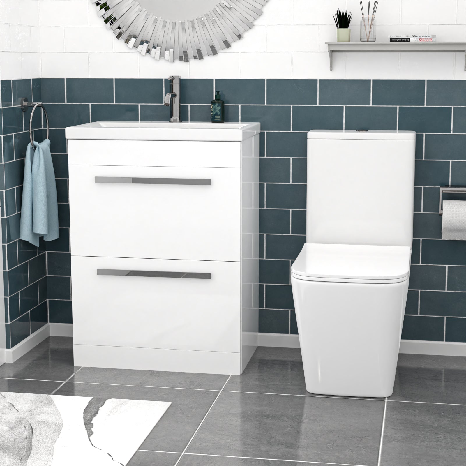 Nanuya 600mm White 2 Drawers Vanity Unit, Back To Wall Toilet