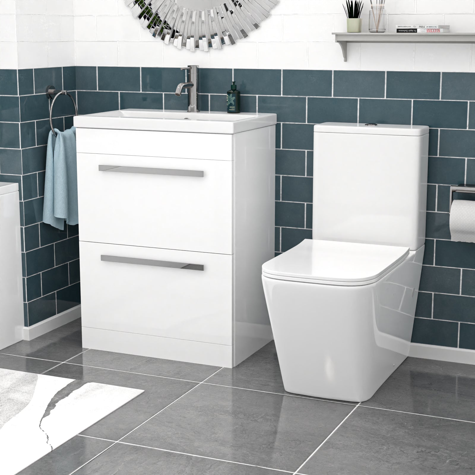 Nanuya 600mm White 2 Drawers Vanity Unit, Back To Wall Toilet