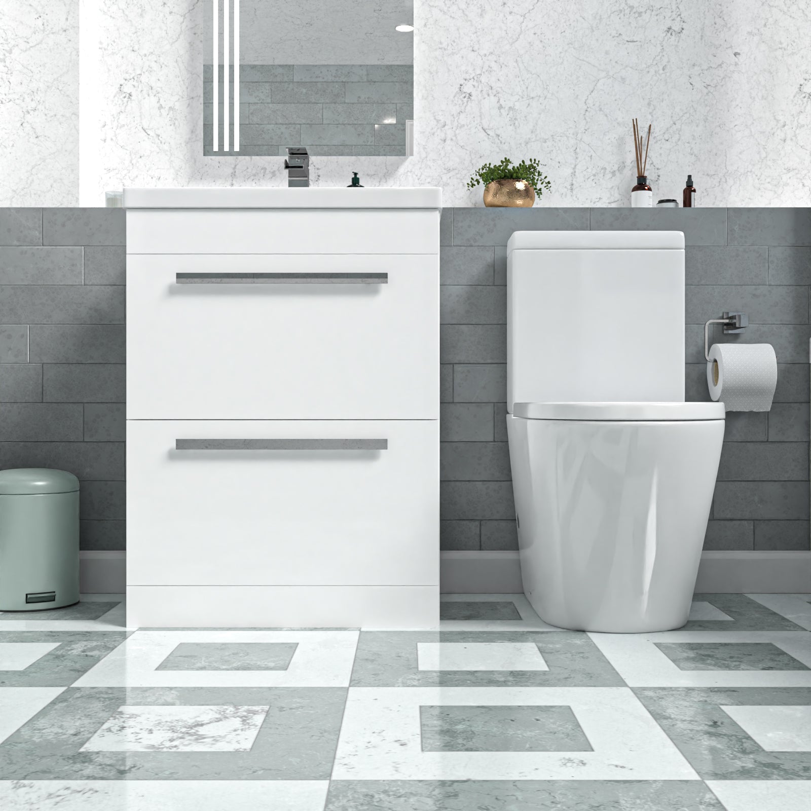 Nanuya White 600mm Floorstanding 2 Drawer Vanity Basin Unit & Toilet