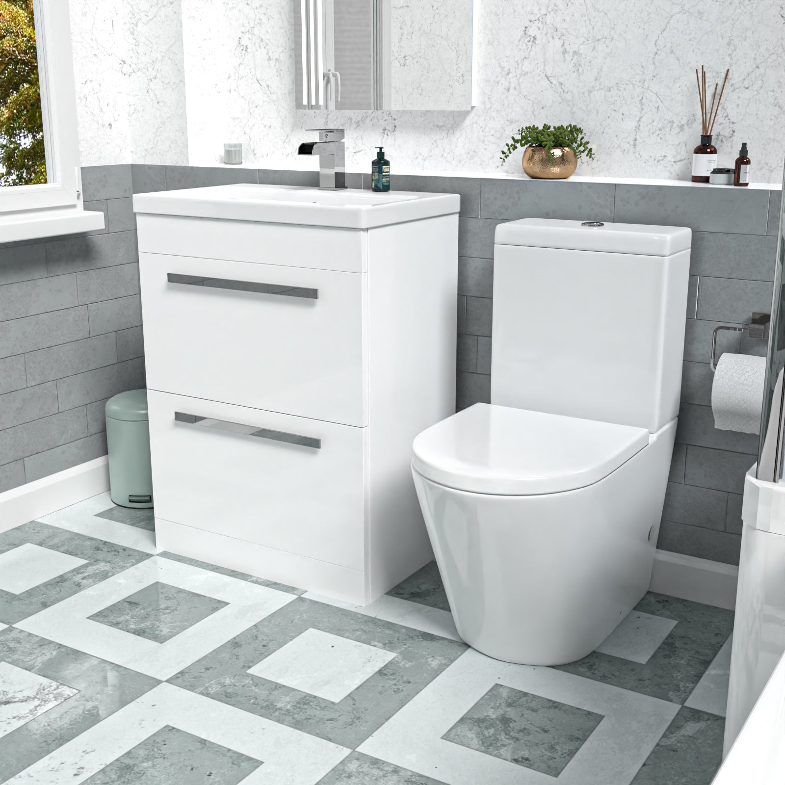 Nanuya White 600mm Floorstanding 2 Drawer Vanity Basin Unit & Toilet