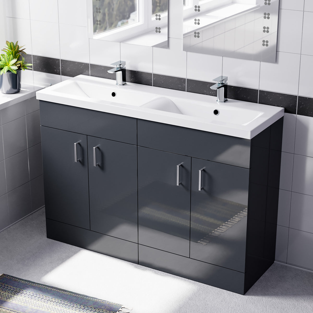 Set of 2 Floorstanding 600mm Vanity & Ceramic Mid Edge Twin Basin - Anthracite