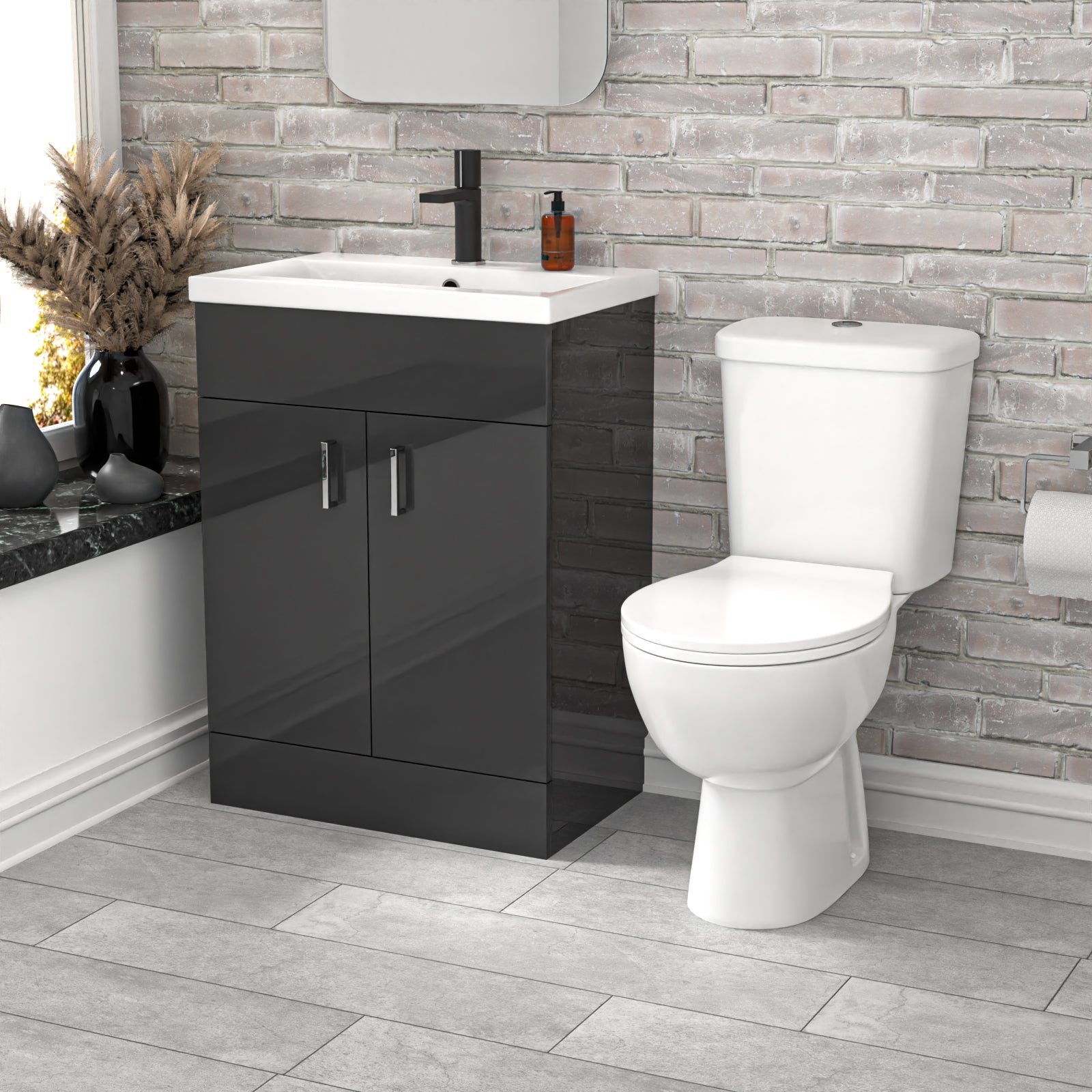 Nanuya 600mm Dark Grey Basin Vanity & White Close Coupled Toilet