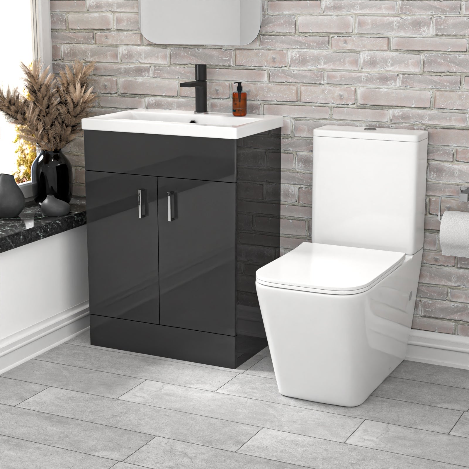 Nanuya 600mm Dark Grey Basin Vanity & Rimless Square Close Coupled Toilet