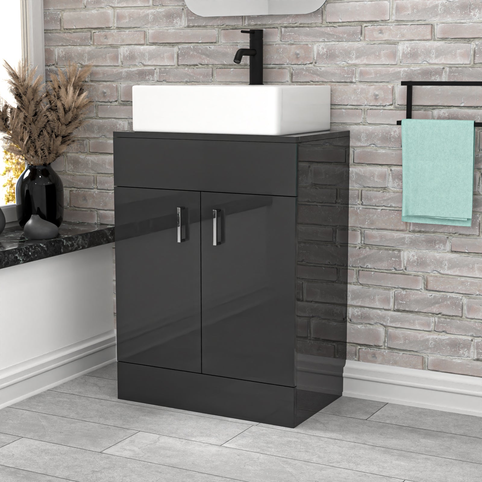 Nanuya Dark Grey 600mm Vanity Unit, Worktop With Square Bowl Basin