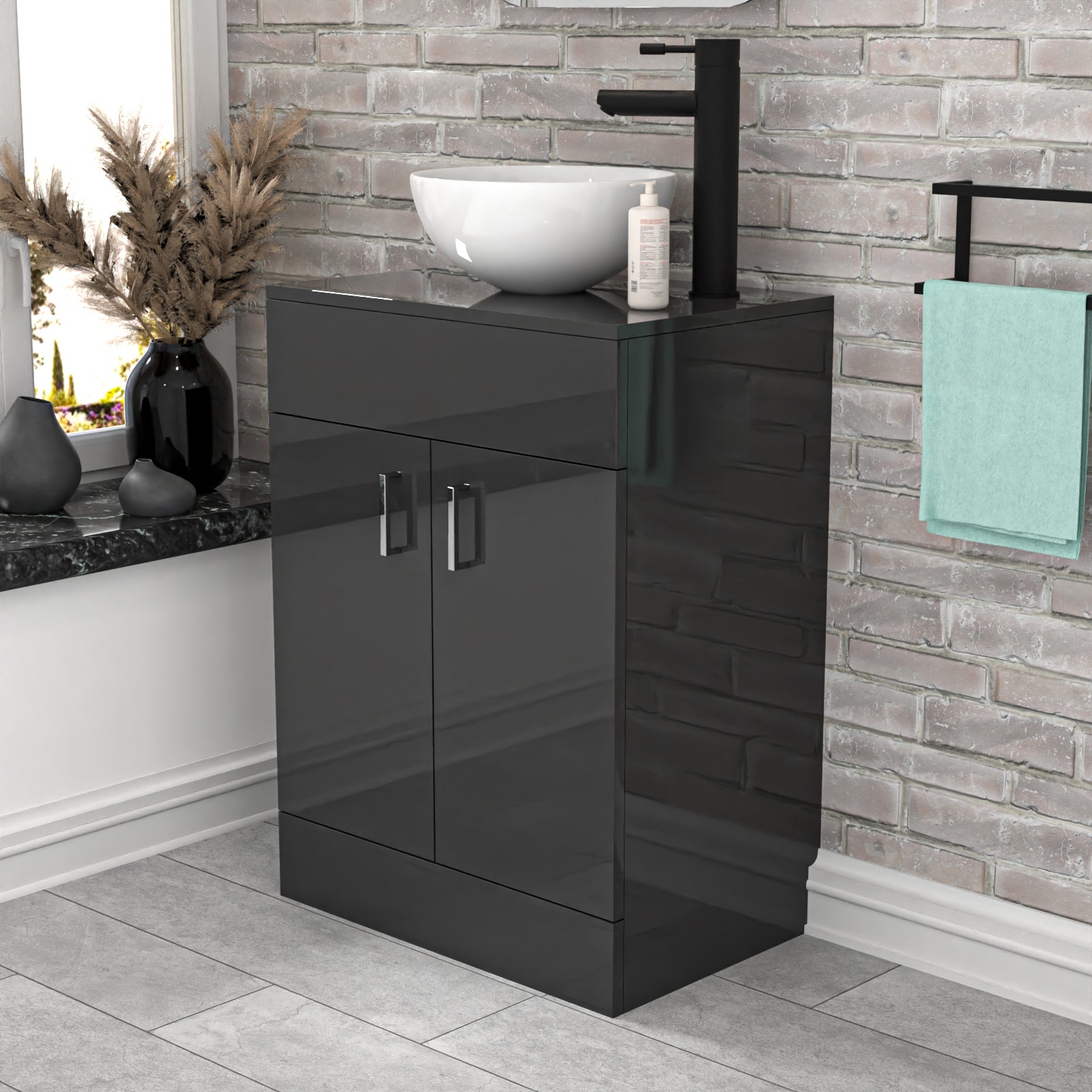 Nanuya Dark Grey 600mm Bathroom Doors Vanity Unit Round Ceramic Basin