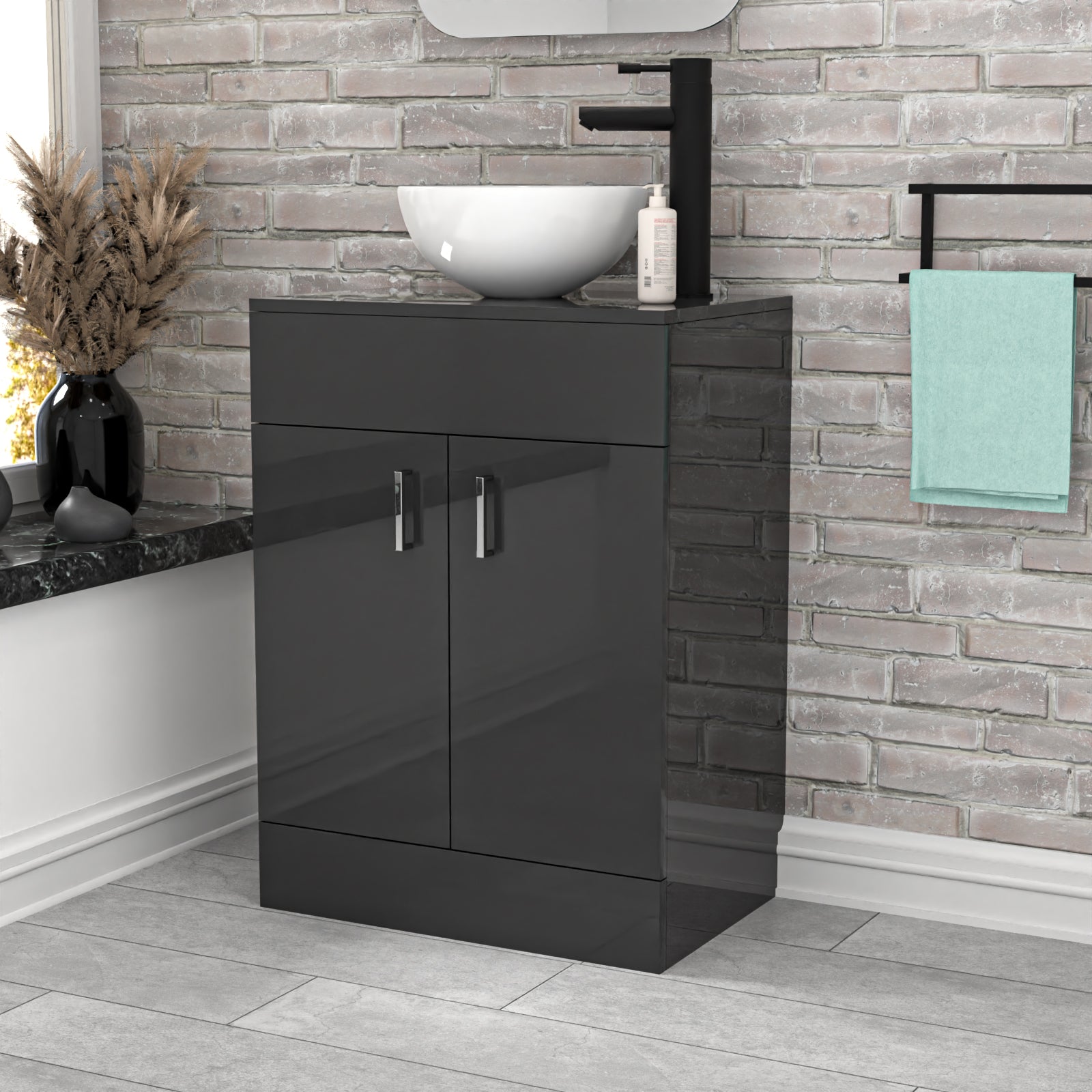 Nanuya Dark Grey 600mm Bathroom Doors Vanity Unit Round Ceramic Basin