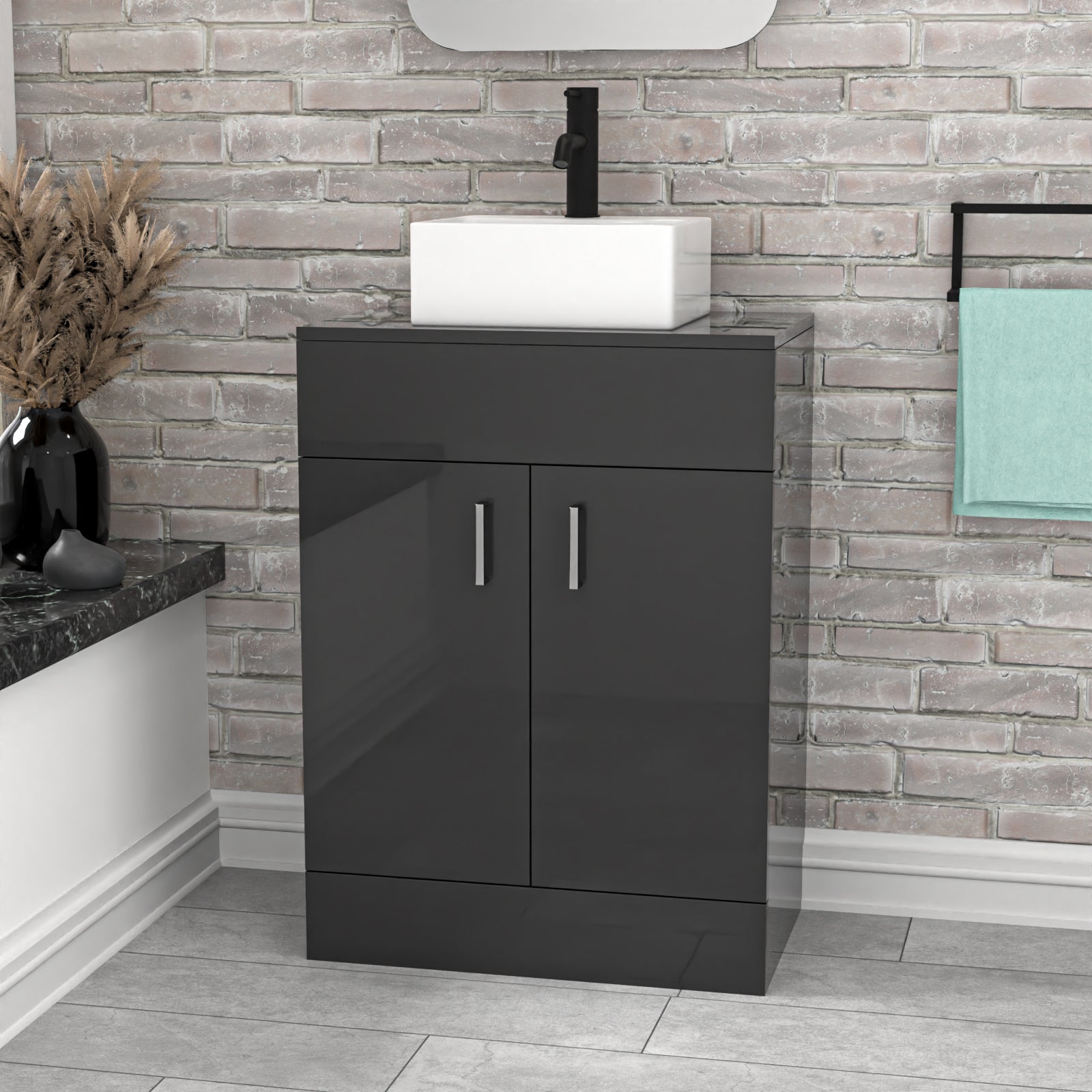 Nanuya Dark Grey 600mm Bathroom Doors Vanity Unit Rectangle Ceramic Basin