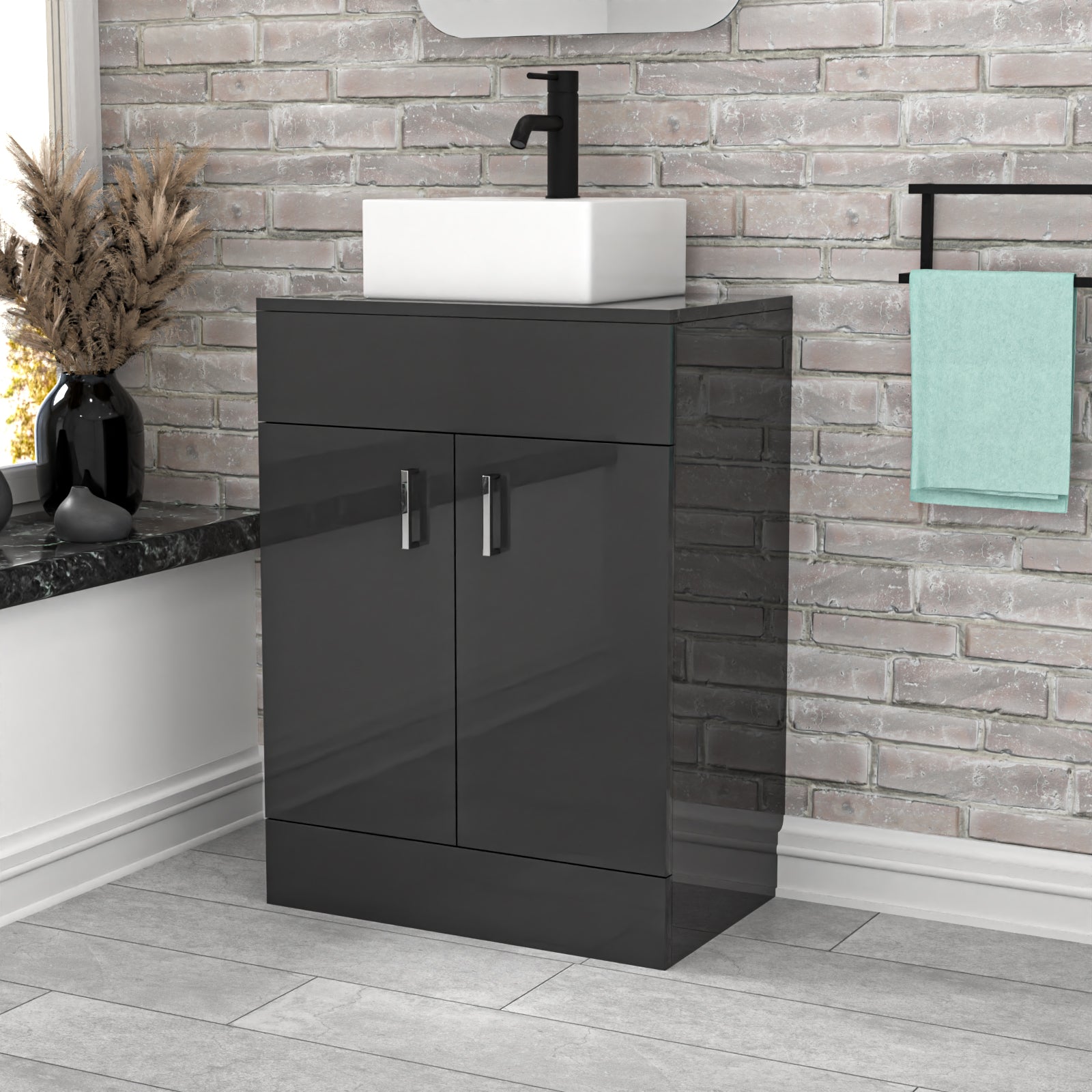 Nanuya Dark Grey 600mm Bathroom Doors Vanity Unit Rectangle Ceramic Basin