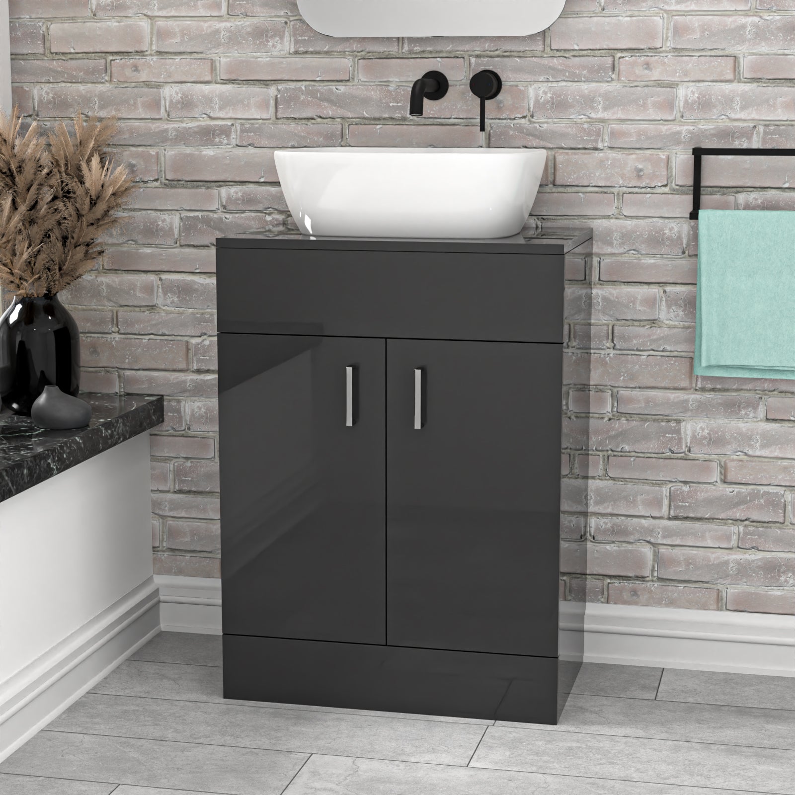 Nanuya Dark Grey 600mm Bathroom Doors Vanity Unit Rounded Rectangle Basin