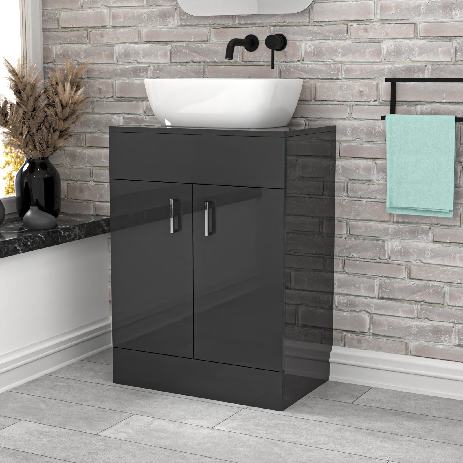 Nanuya Dark Grey 600mm Bathroom Doors Vanity Unit Rounded Rectangle Basin