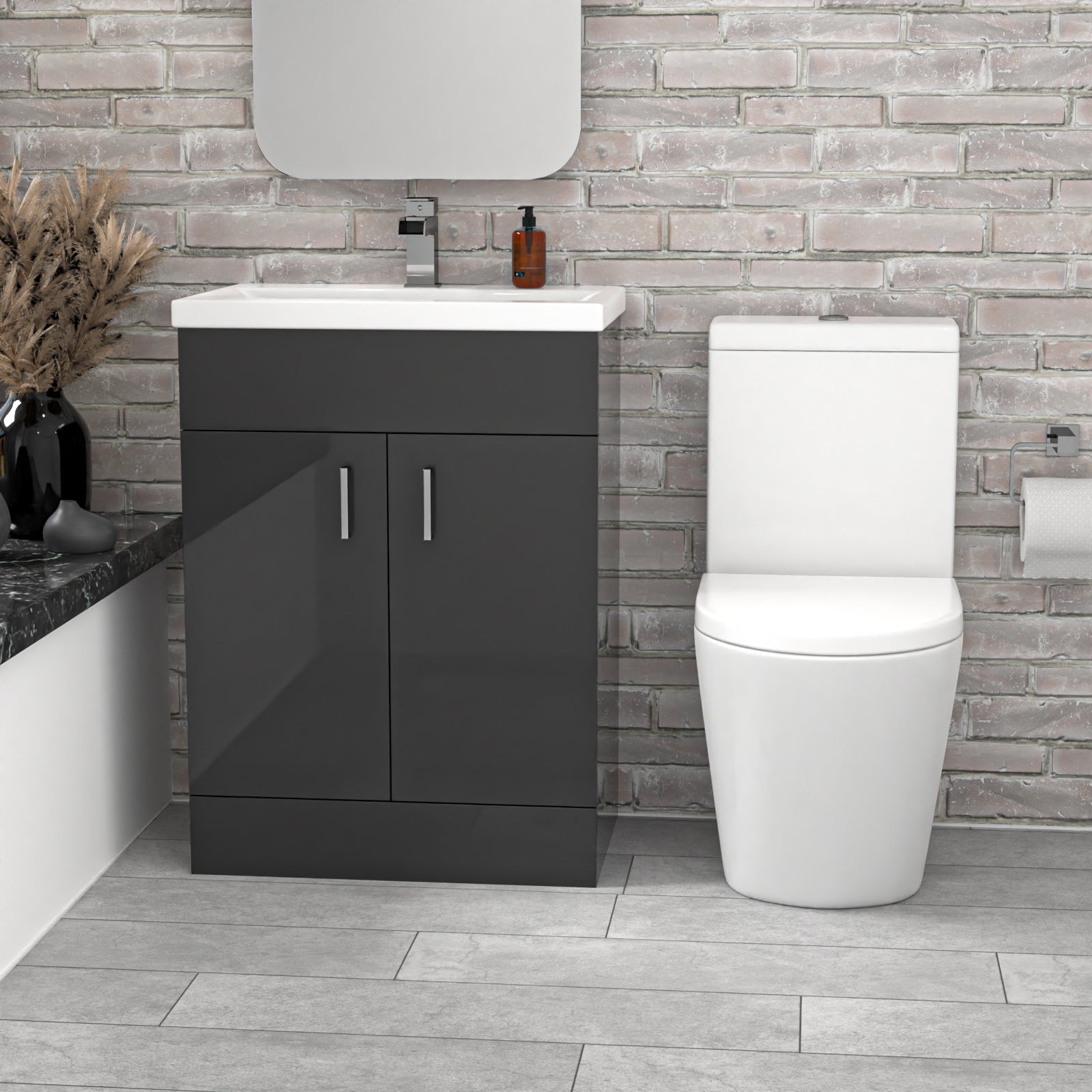 Nanuya Dark Grey 600mm Basin Vanity Unit & Close Coupled Toilet