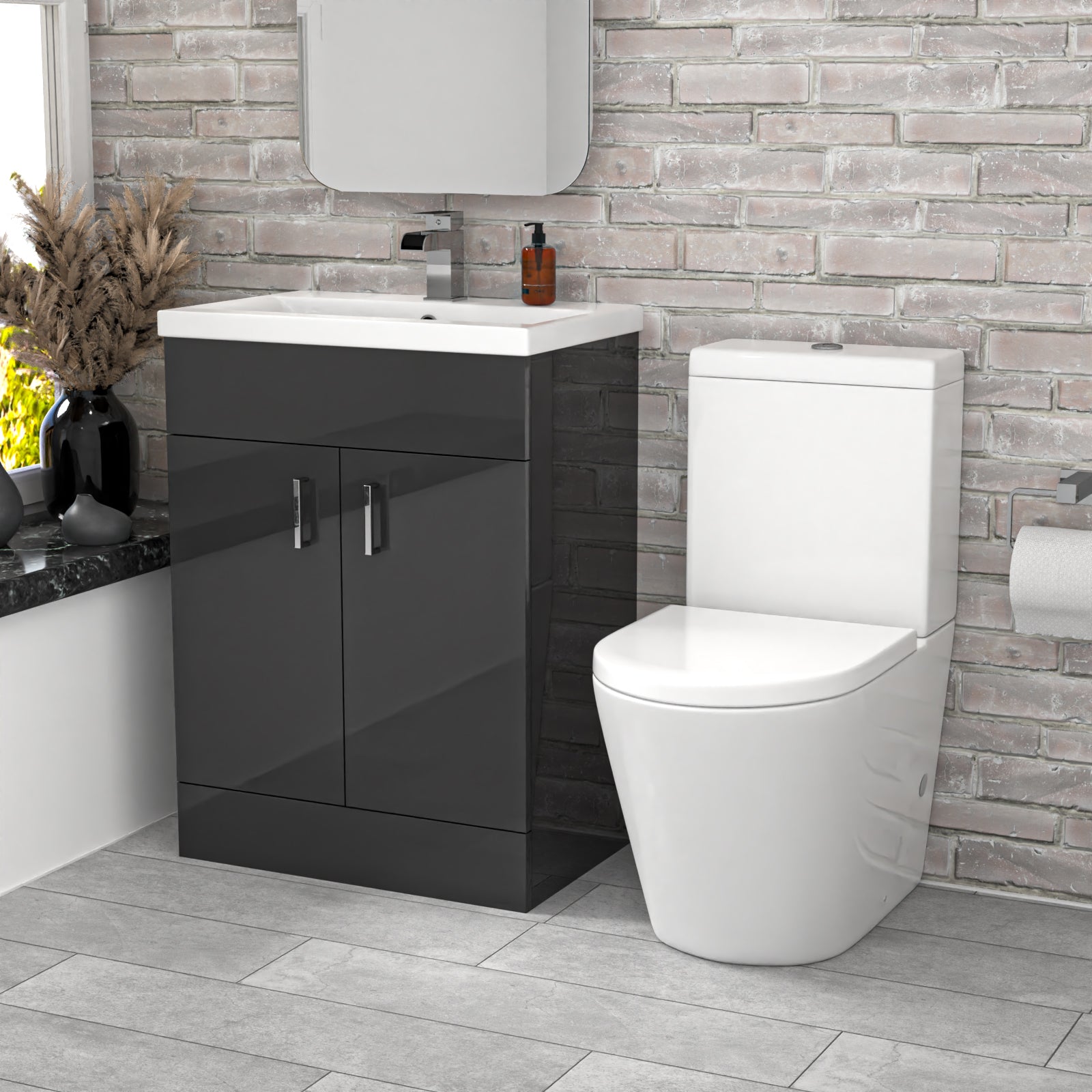 Nanuya Dark Grey 600mm Basin Vanity Unit & Close Coupled Toilet