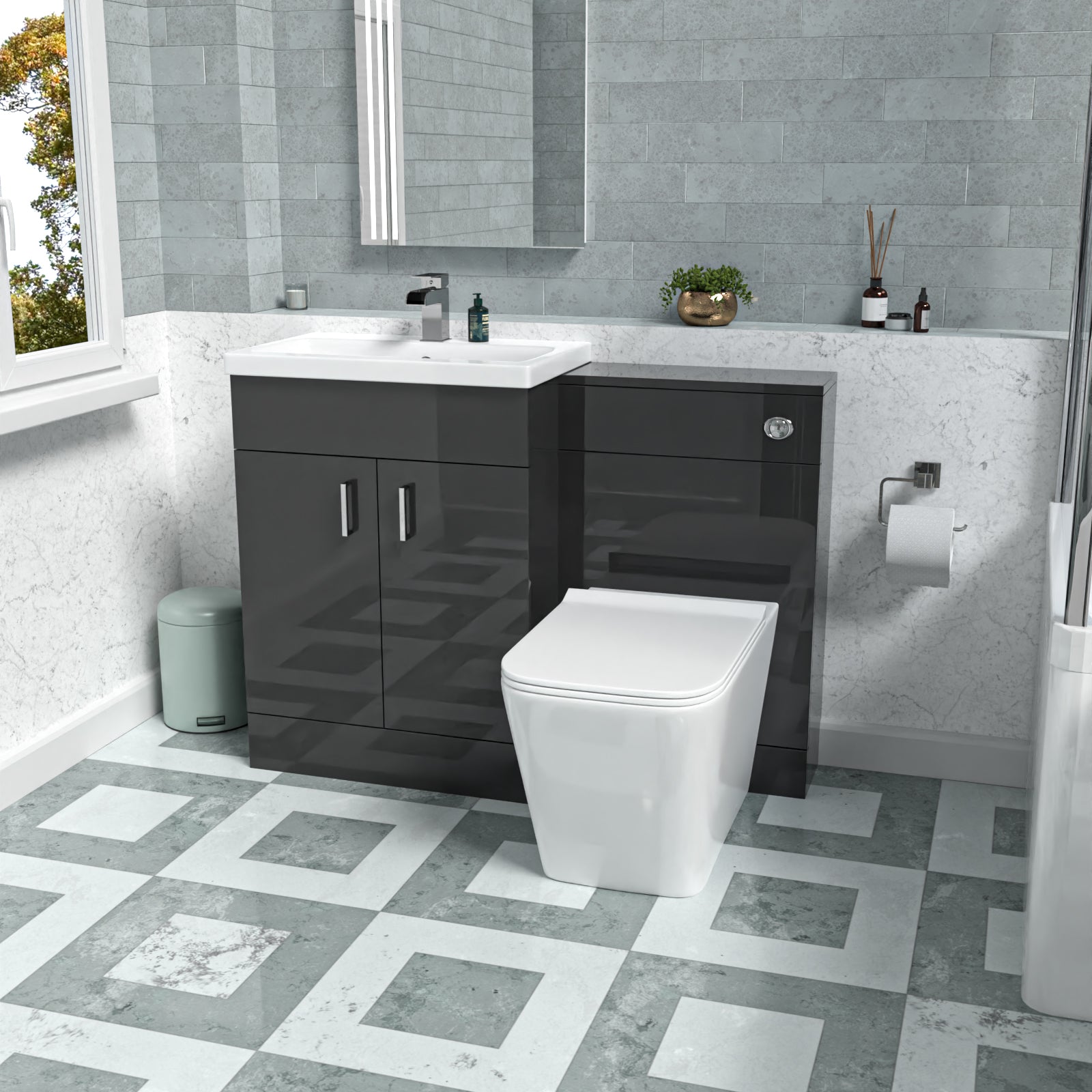 Nanuya Dark Grey 1100mm Freestanding Vanity WC Unit & Rimless BTW Toilet Flat Pack
