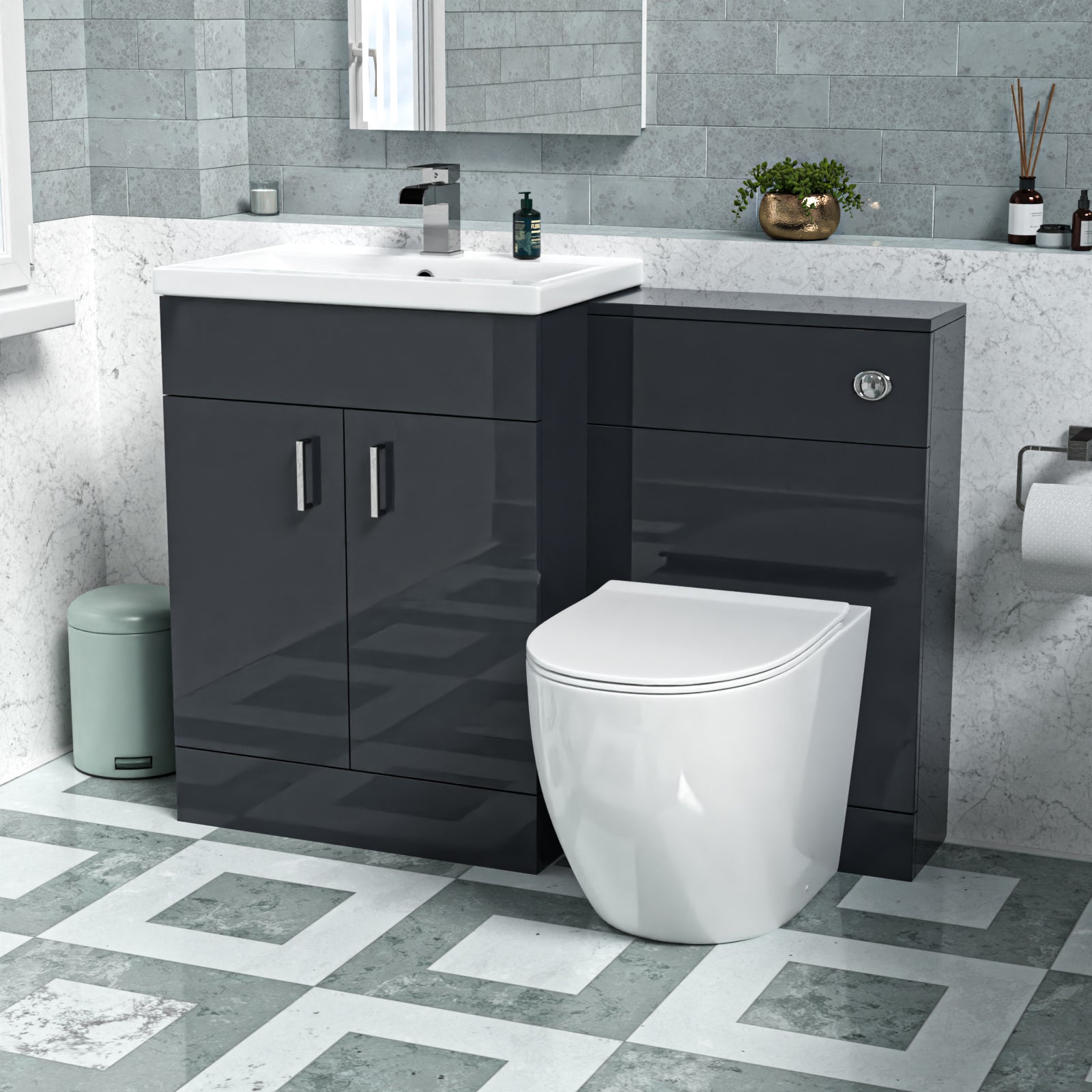 Nanuya 1100mm Dark Grey Vanity Basin Cabinet, WC Unit & Round Rimless Toilet