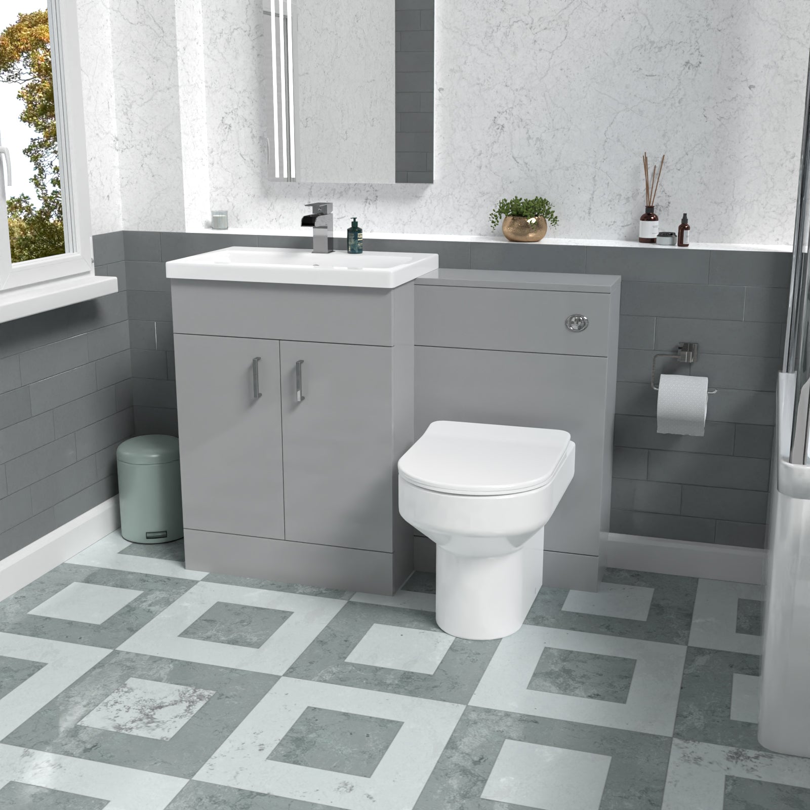 Nanuya 1100mm Grey Basin Vanity Cabinet, WC Unit & Back To Wall Toilet